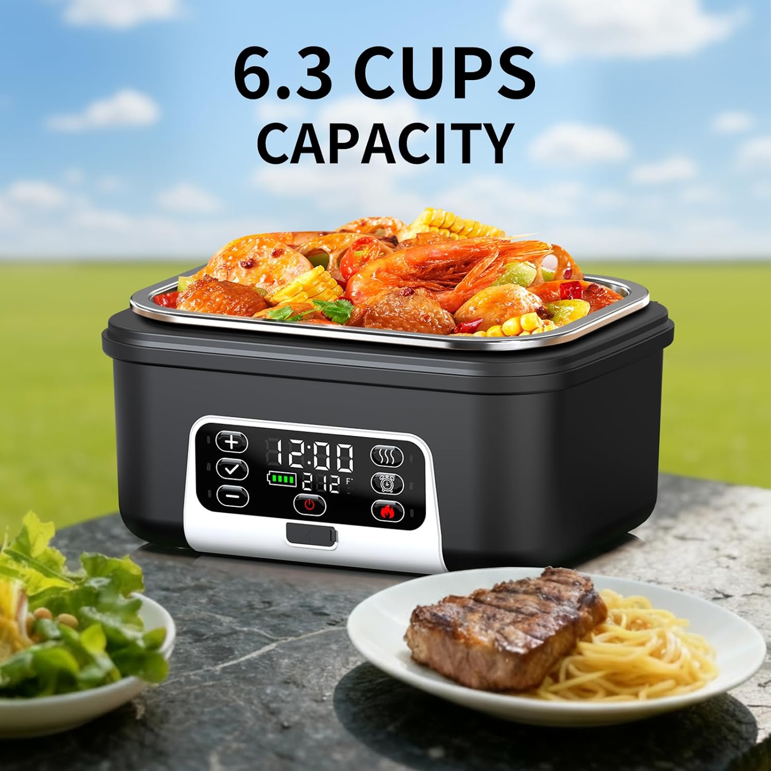 Cordless Electric Heated Lunch Box, 1.5L - 6.3 Cups 20000 mAh 100W Rechargeable Smart Self-Heating Food Warmer with Removable Divider, Spoon, Fork, BPA Free, Portable Lunchbox for Car Travel Office - Image 2