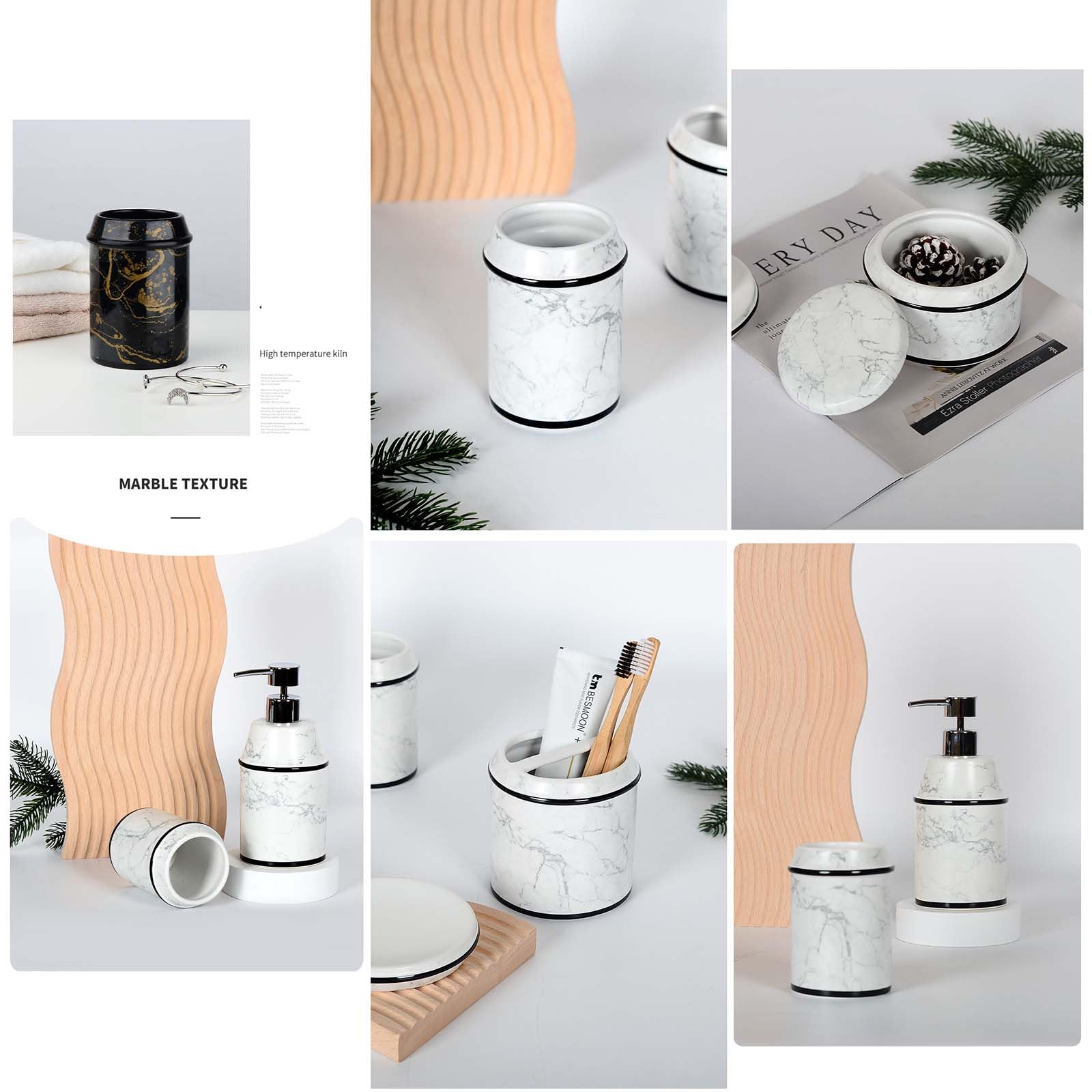 Set Dispensador De Jabón Marmoleado, Set De Baño De Cerámica, con Porta Cepillo De Dientes, Dispensador De Jabón, Jabonera, para La Zona De Lavado.,Negro