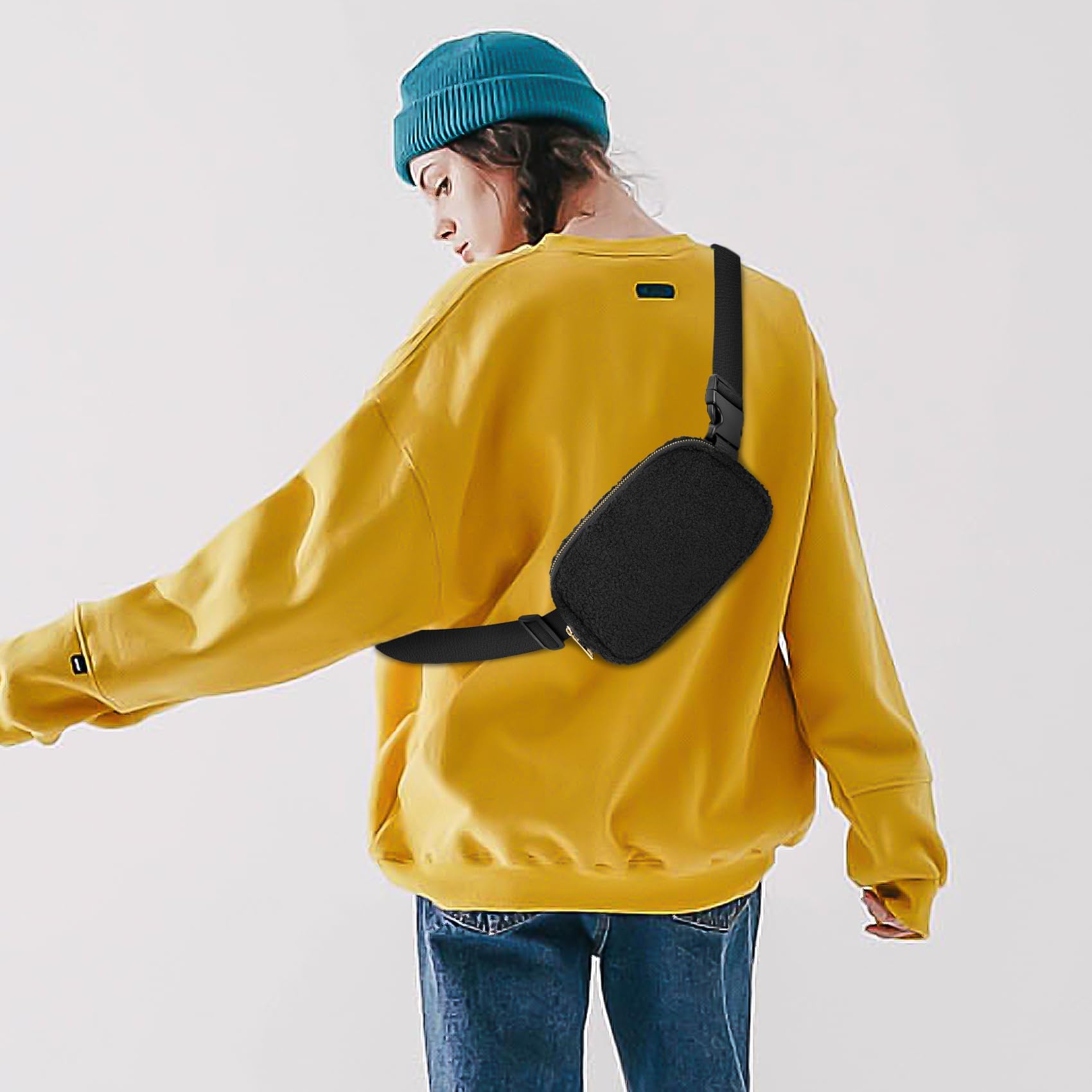 VKIOIP Riñonera unisex con correa ajustable, manos libres, con cremallera, para mujer y hombre, para senderismo, correr, regalos deportivos, Negro(Fleece Black), Riñonera de forro polar