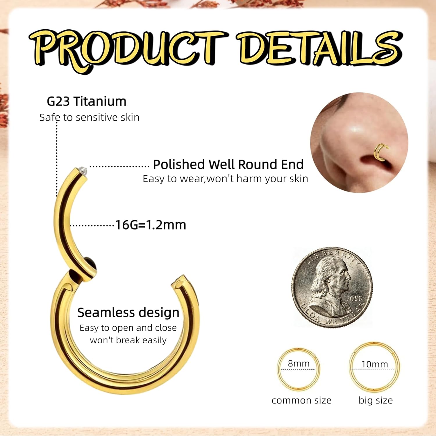 G23 Titanium Cartilage Earring Hoop Conch Piercing Jewelry 16G CZ Double Hoop Nose Ring Hinged Clicker Septum Rings for Women Men - Image 2
