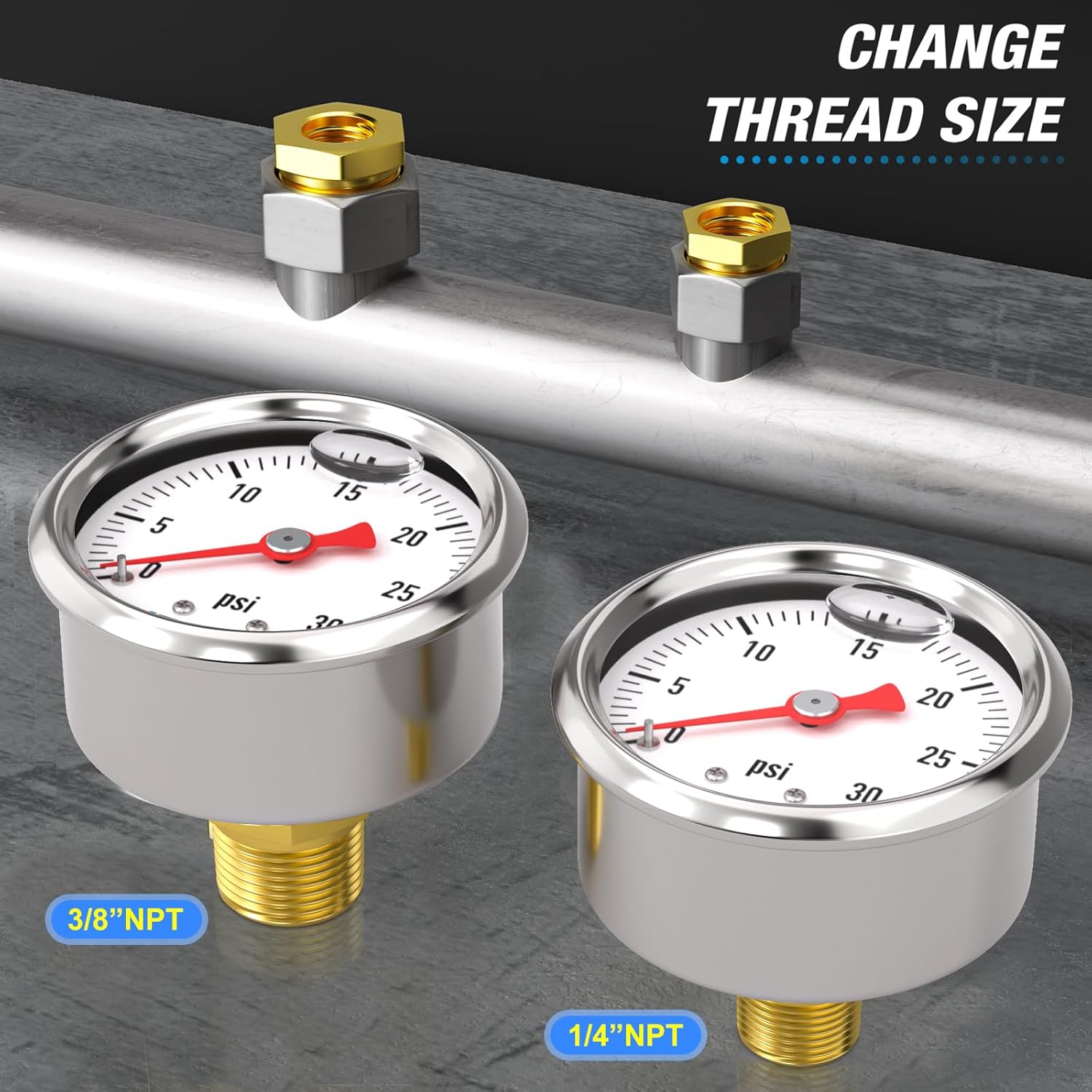MEANLIN MEASURE 2pcs 0~30Psi Stainless Steel Liquid Filled, 1/8" NPT 1.5" Glycerin Filled Pressure Gauge, Water Oil Air, Back Mount, with 1/8" x 1/4" NPT and 1/8" x 3/8" NPT Hex Bushing