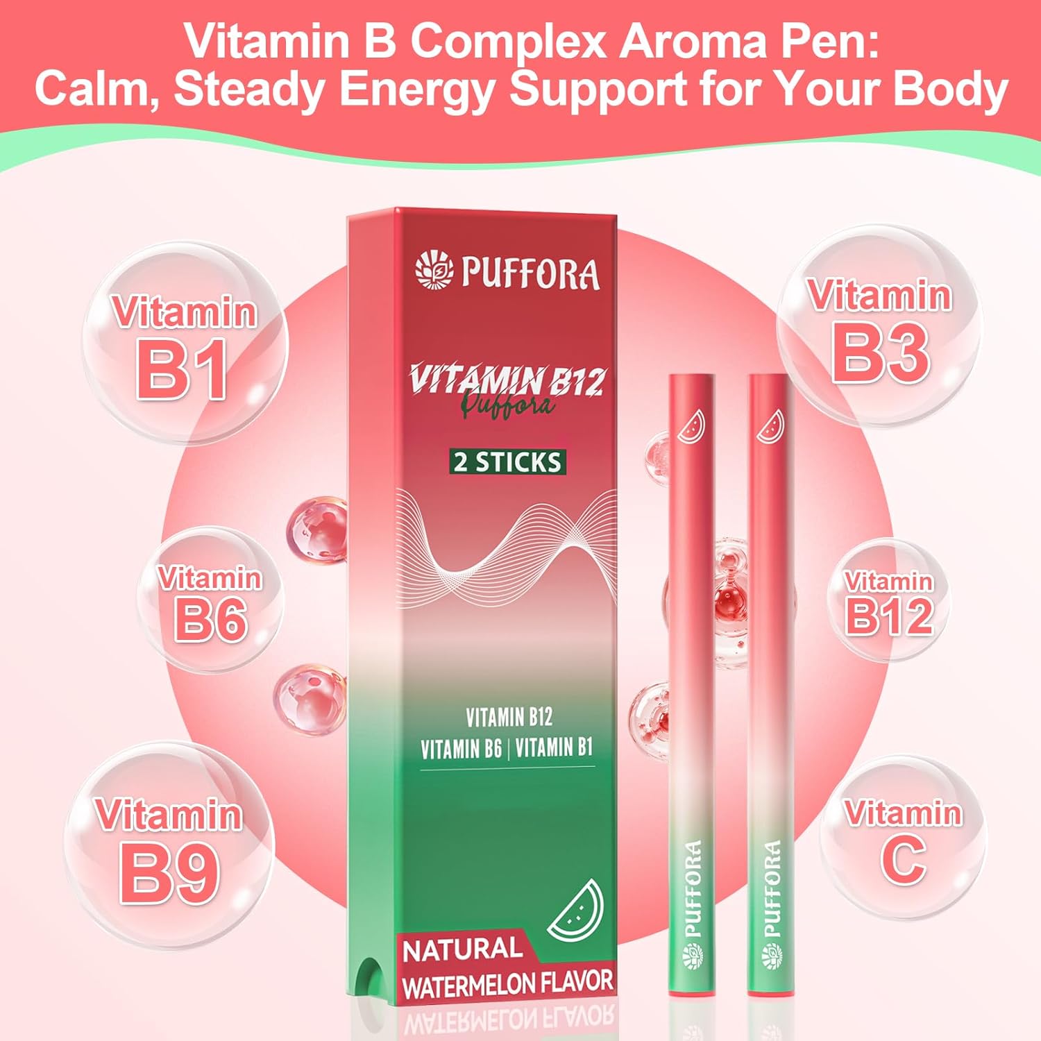 Vitamin Aromatherapy Pen | B Complex Aromatherapy Pens, B12/B6/B1 | Natural Focus & Vitality Support | 2 Pack - 1200 Uses, Watermelon Flavor, Healthy Habit Shift