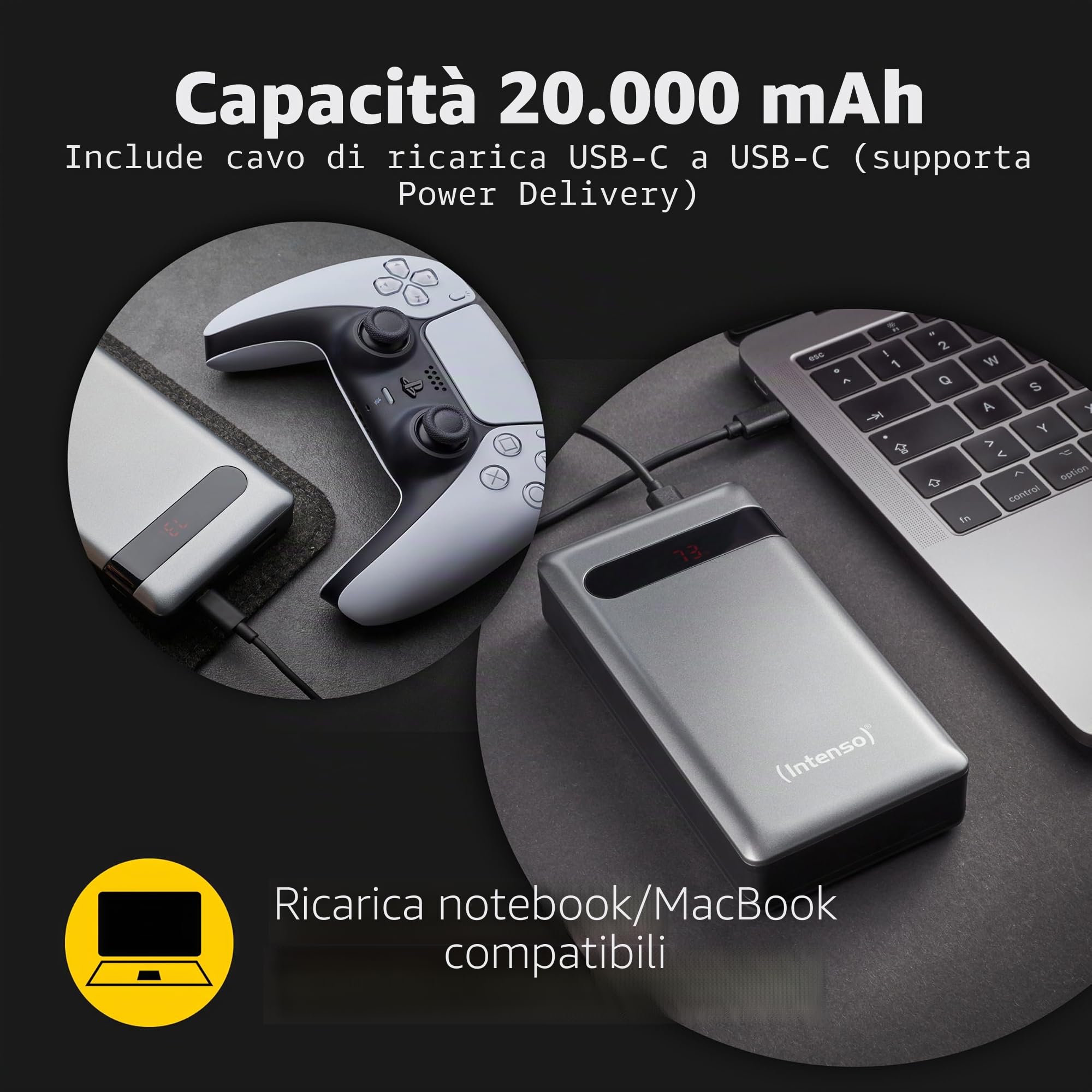 Intenso Power Bank PD20000, Caricabatterie portatile power delivery, (20000mAh, adetto per smartphones, tablet è altri), anthracite