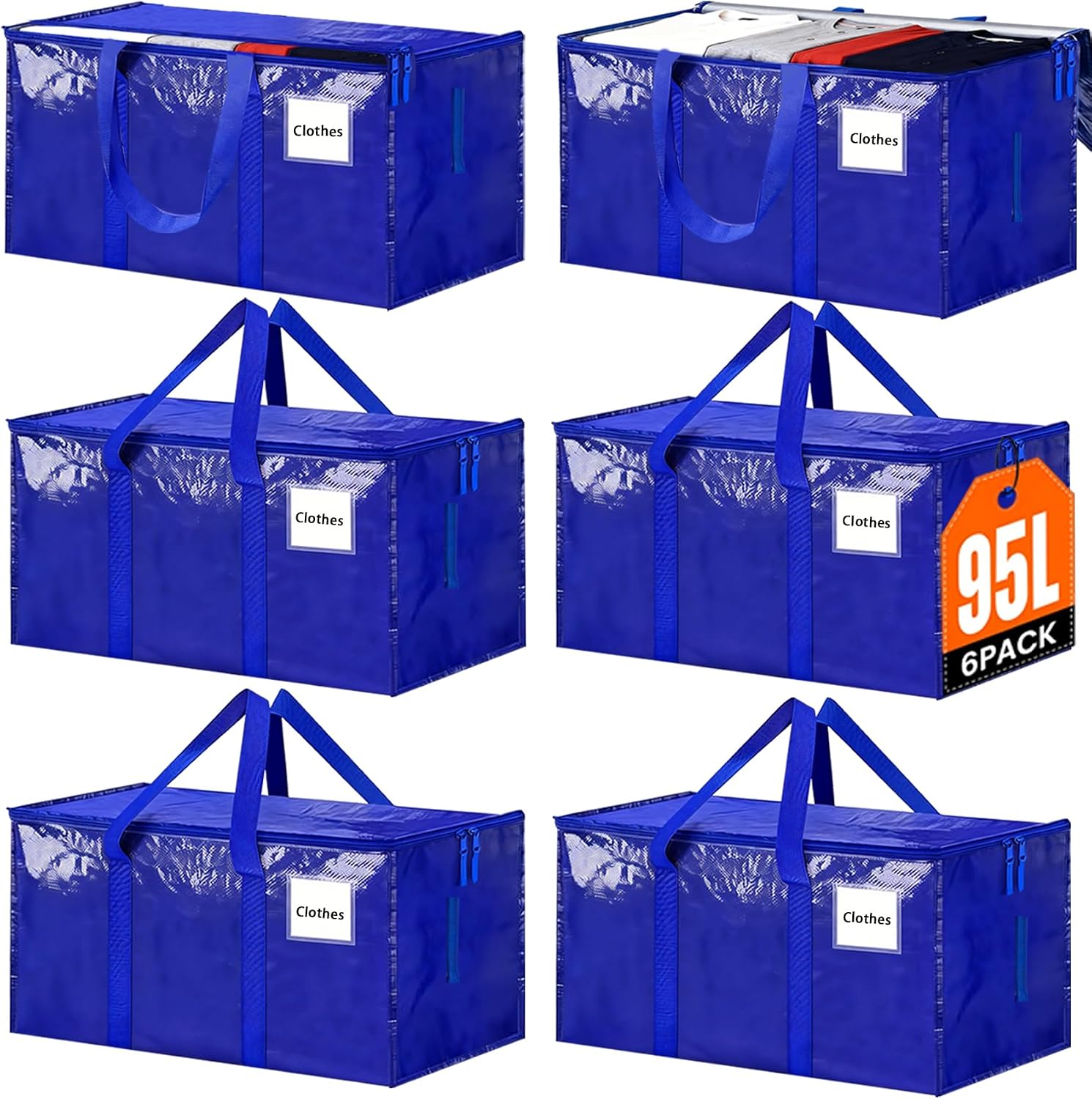 Oversized Moving Bags 6 Pack,Blue,Storage Bags with Lids,Heavy-Duty Moving Boxes with Zippers & Reinforced Handles, Storage Box for Space Saving,College Dorm,Traveling,Christmas Decorations Storage