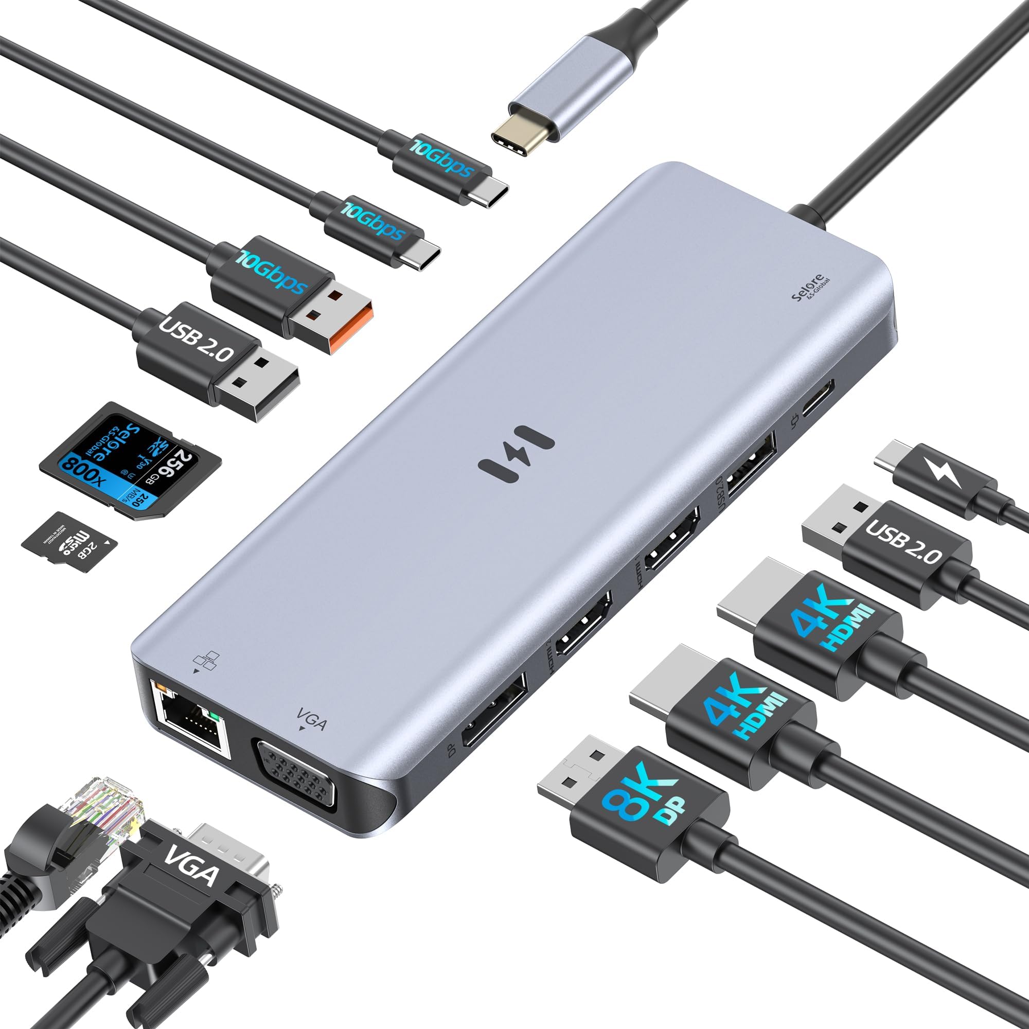 USB C Docking Station 4 Screen 13-in-1 Dock USB C Dual HDMI 8K DisplayPort VGA RJ45 SD/Micro SD USB A&C 3.1 10Gbps PD 100W 2 HDMI HUB for HP Dell Laptop