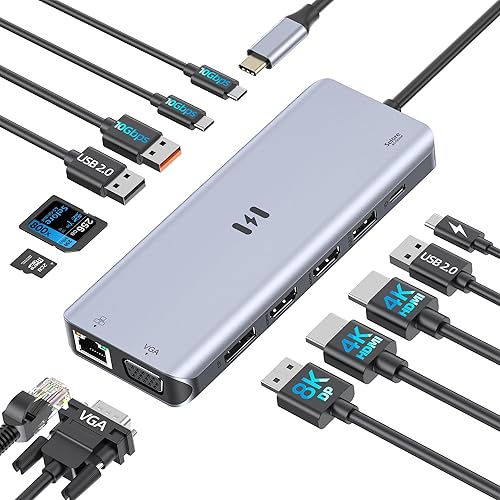 Miniatura 10 de Estación de acoplamiento USB C Adaptador de monitor HDMI dual, Selore USB C Hub 3 monitores con doble HDMI, Displayport, VGA, carga PD de 100 W,
