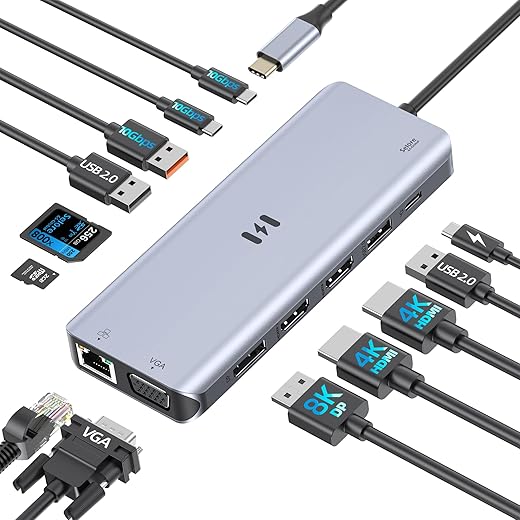 USB C Laptop Docking Station 10 in 1 MacBook Adapter Multiport USB C Hub Thunderbolt Docking Station Laptop Dock to HDMI+VGA, USB 3.0, 100W PD, RJ45, SD/TF, Audio for HP, MacBook Air/Pro, Dell XPS