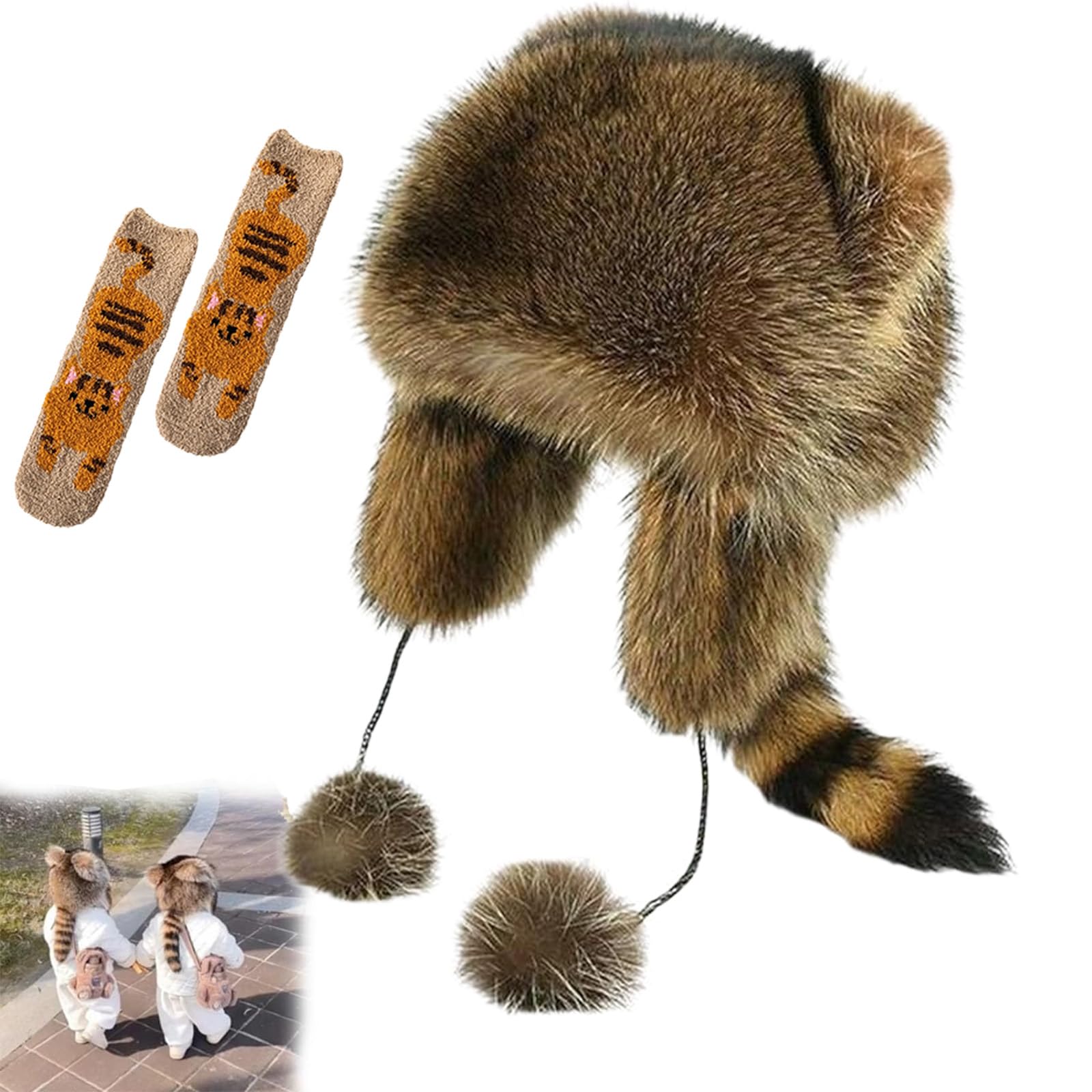 Nnbwlmaee Unisex S Winter Cute Raccoon Plush Hat, Raccoon Tail Parent Child Plush Hat, Little Cute Raccoon Women' Winter Plush Protection Hat, Faux Fur Trapper Hat With Pom Pom, Tail (S)