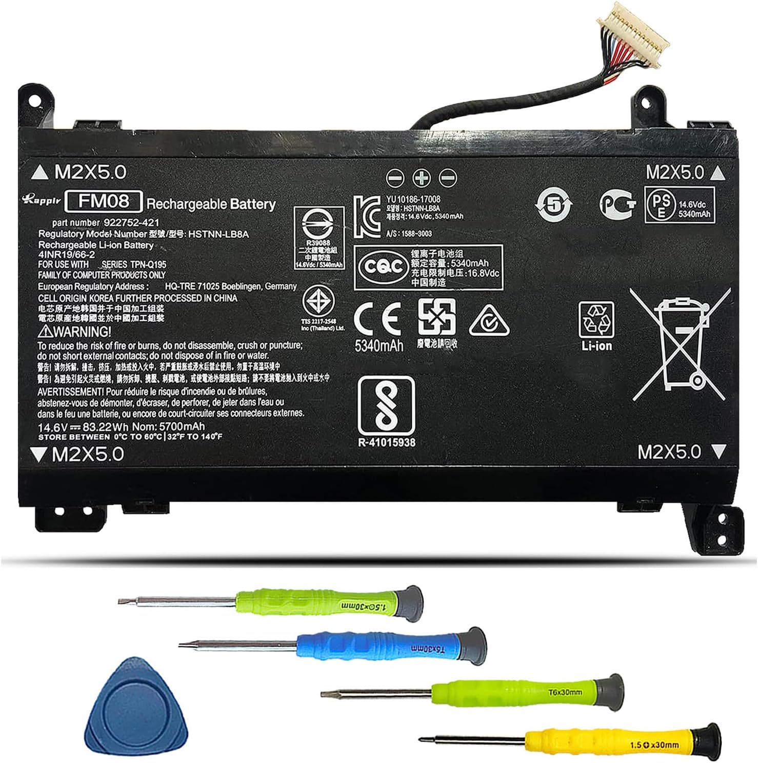 FM08 922976-855 922752-421 Laptop Battery Replacement for Hp Omen 17-AN014NG TPN-Q195 Series Notebook HSTNN-LB8A 12-Pin Connector (14.6V 83.22Wh 5700mAh)