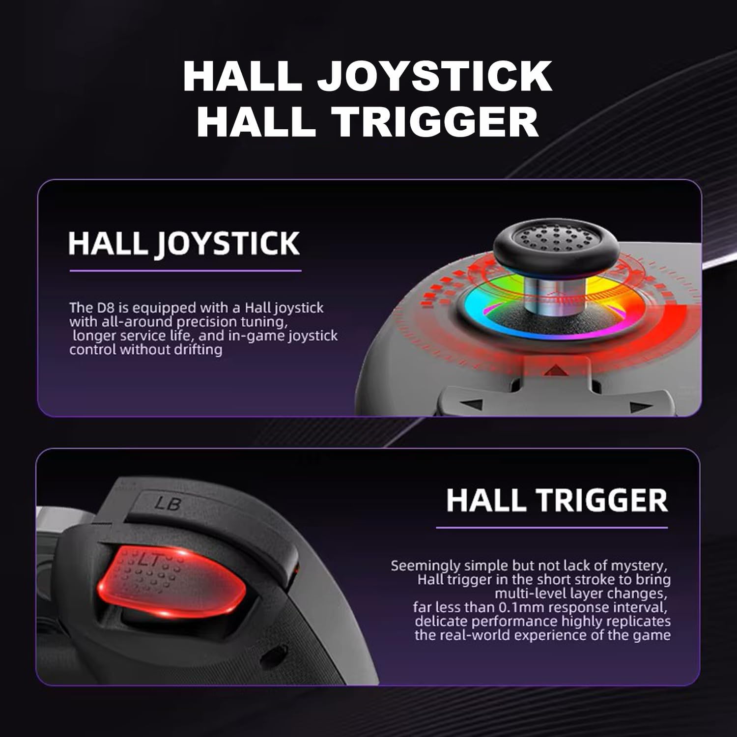 Megadream Controller da gioco mobile per iPad/tablet (fino a 10 pollici) RGB Light Bluetooth Gamepad per iPhone/Android/PC/Switch, joystick effetto Hall con trigger lineare, funzione turbo, nero