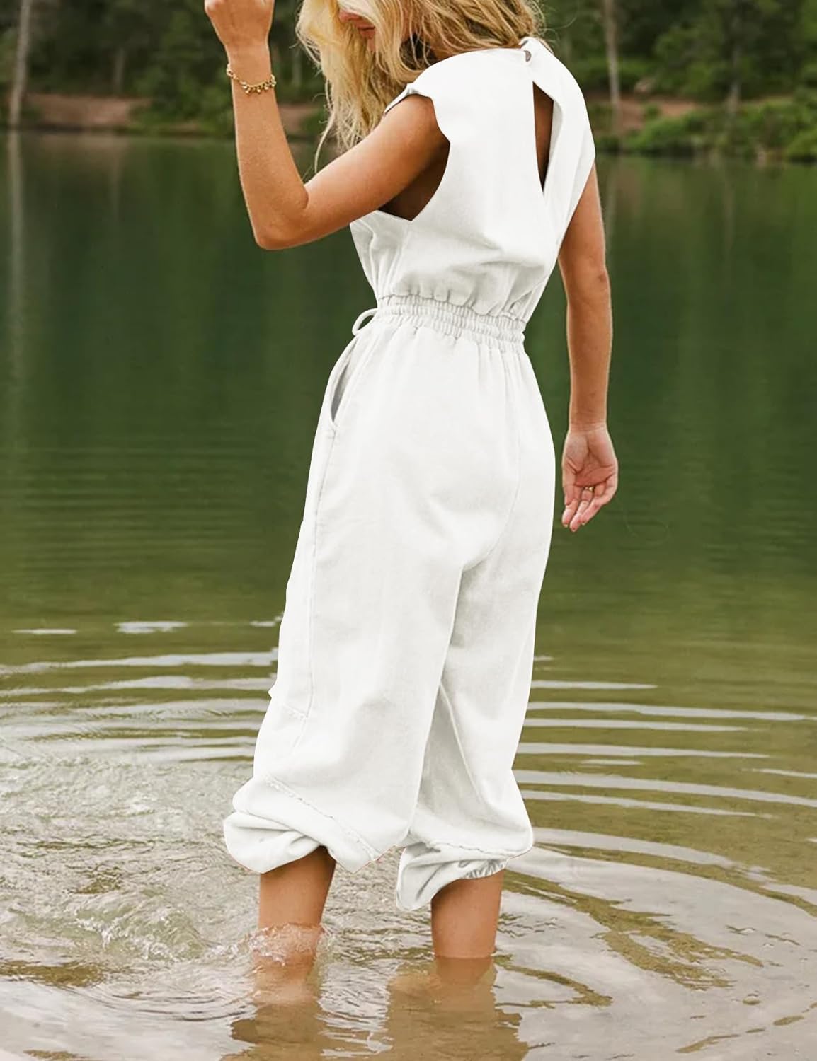 Flygo Womens Casual Jumpsuit Crewneck Cap Sleeve Long Wide Leg Pants One Piece Outfits Drawstring Romper with Pockets - Image 3