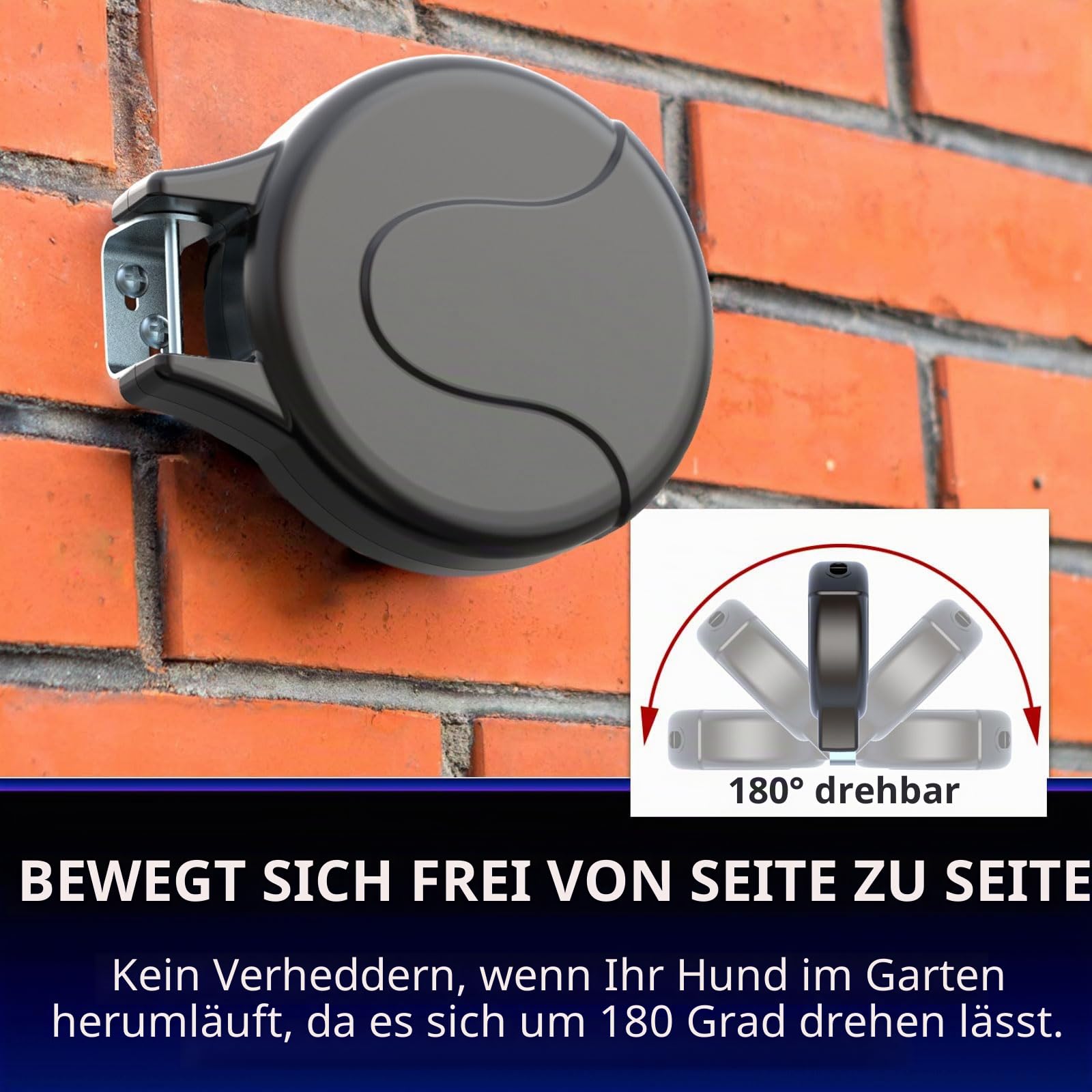 9 m Roll-Hundeseil zum Befestigen an der Wand, ausziehbar, für kleine bis große Hunde von 9-45 kg, patentierte ausziehbare Hundeleine, ideal für Hof/Garten, langlebig mit 70.000 Zyklen, Schwarz, 9 m
