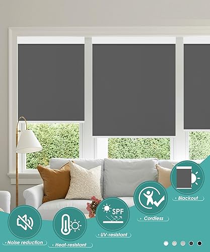 Miniatura 5 de BlinDecor Persianas enrollables 100 % opacas para ventanas, sin cordón, con protección UV, persianas de puerta para hogar, beige, 27 x 72 pulgadas