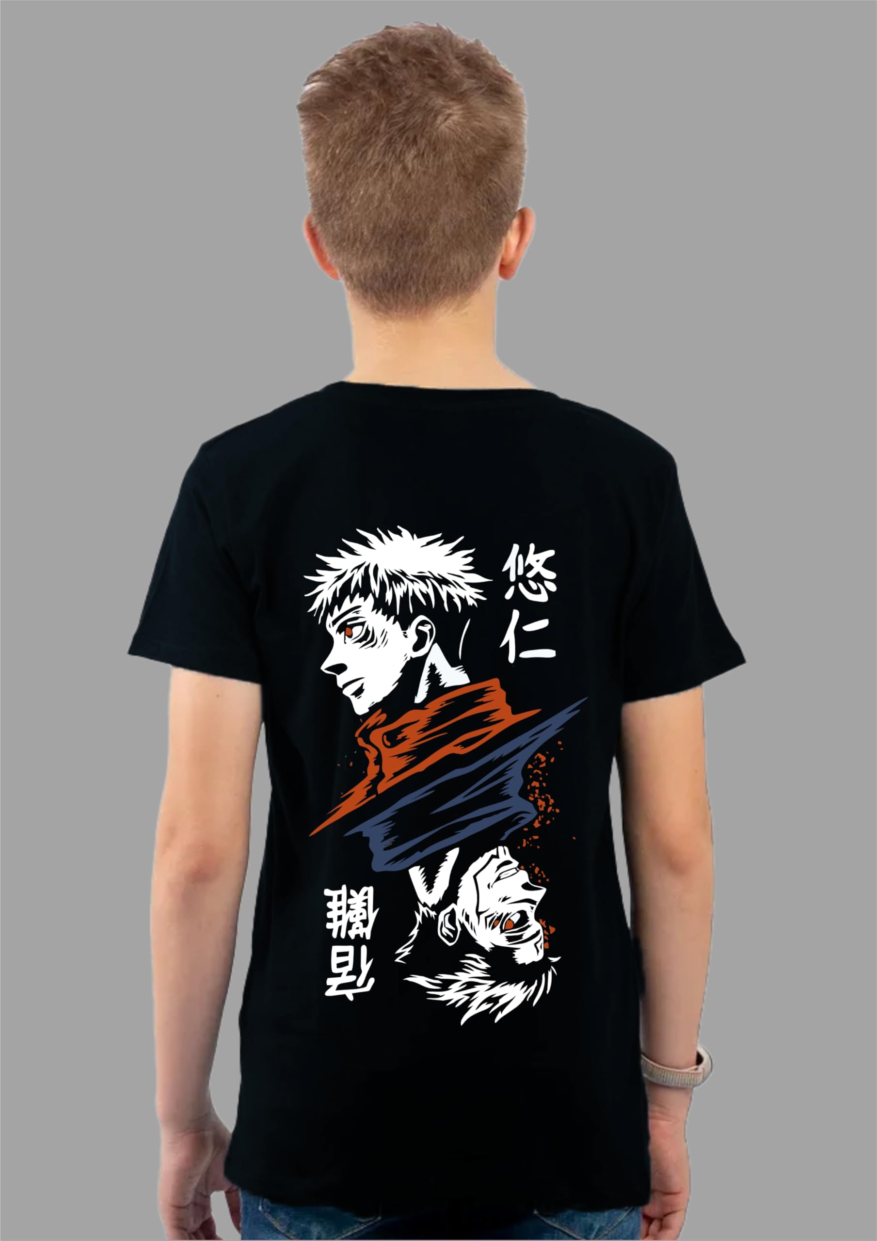 Uniplanet Store T-shirt nera da ragazzo in misto cotone mezza manica vestibilità regolare retro anime jujutsu stampata