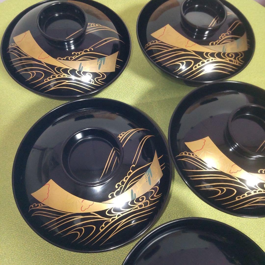 輪島塗 蓋付 椀 吸飲椀 波 鳥 金彩 蒔絵 松 黒 漆塗り 木箱付 輪島塗 蓋付 椀 吸飲椀 波 鳥 金彩 蒔絵 松 黒 漆塗り 木箱付