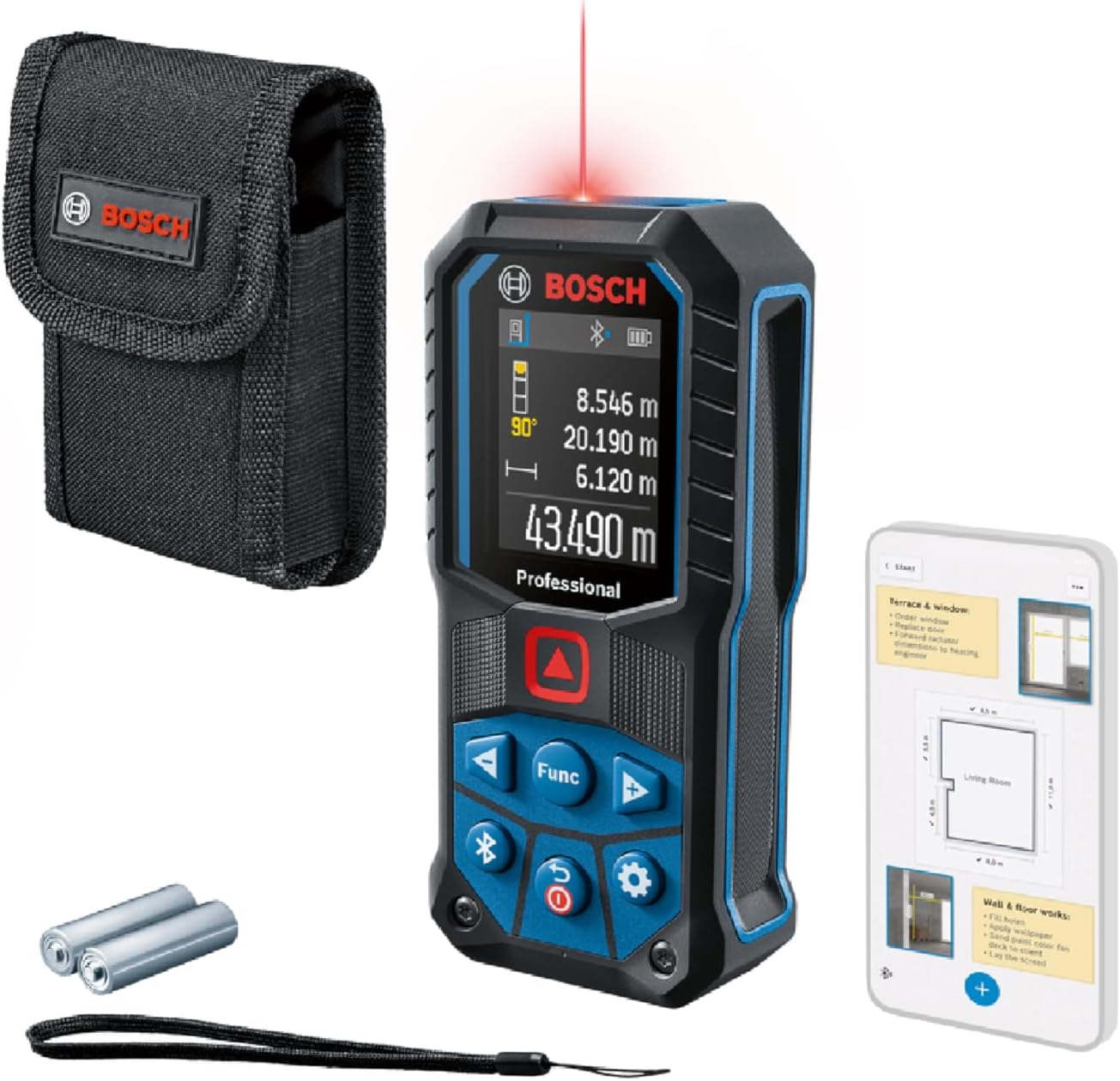 Professional Laser Measure GLM 50-27 C (Range: up to 50m, Robust, IP65, Data Transfer via Bluetooth, 2x AA Batteries, Hand Strap, Pouch)