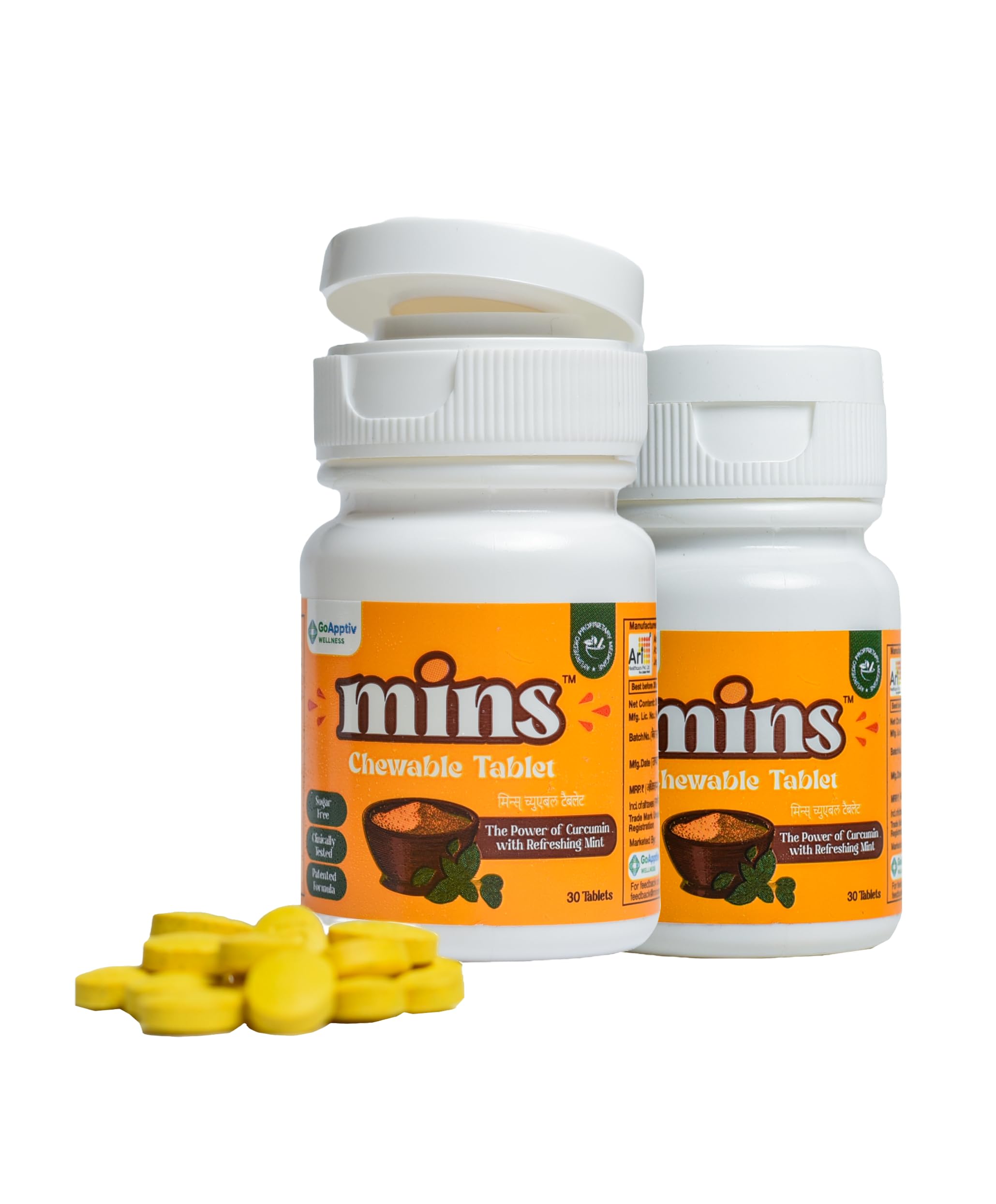 Chewable Tablets Bottle of 30's Yellow| Curcumin Tablets with Piperine| For Cold, Cough, Sore throat & Bad breath| Sugar free| 30 Chewable Tablets Pack of 2