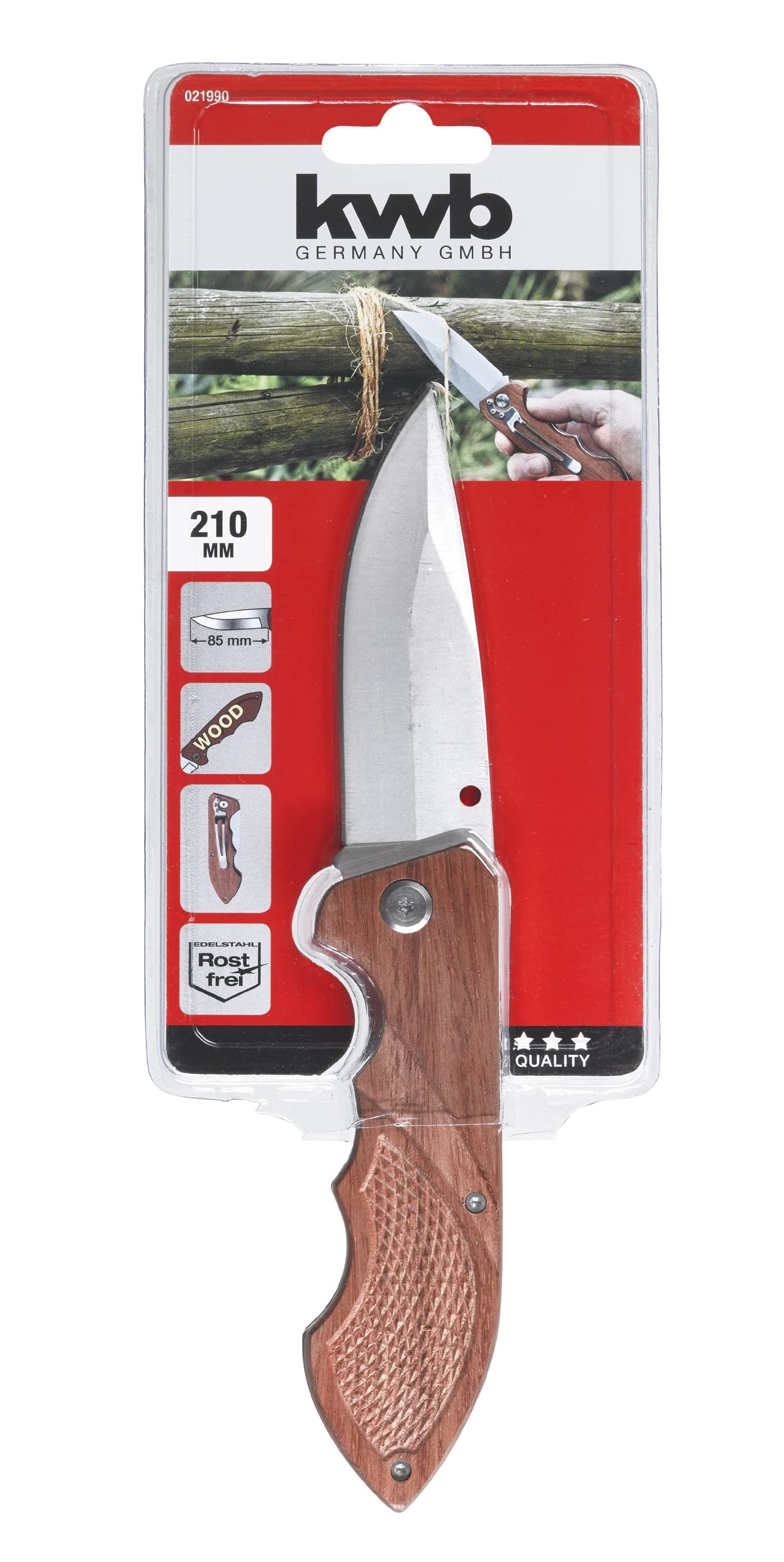 kwb Coltello da caccia con manico in legno 021990 (lama da 85 mm in acciaio inossidabile, con clip per cintura), 1 pezzo,