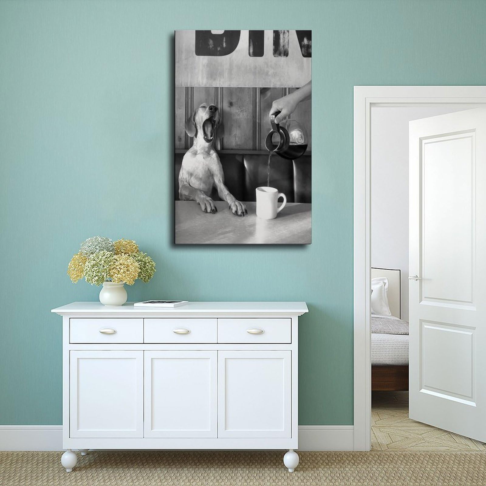 Póster de lienzo retro en blanco y negro con diseño de perro bebiendo café, decoración de dormitorio, paisaje, oficina, habitación, regalo, 40 x 60 cm
