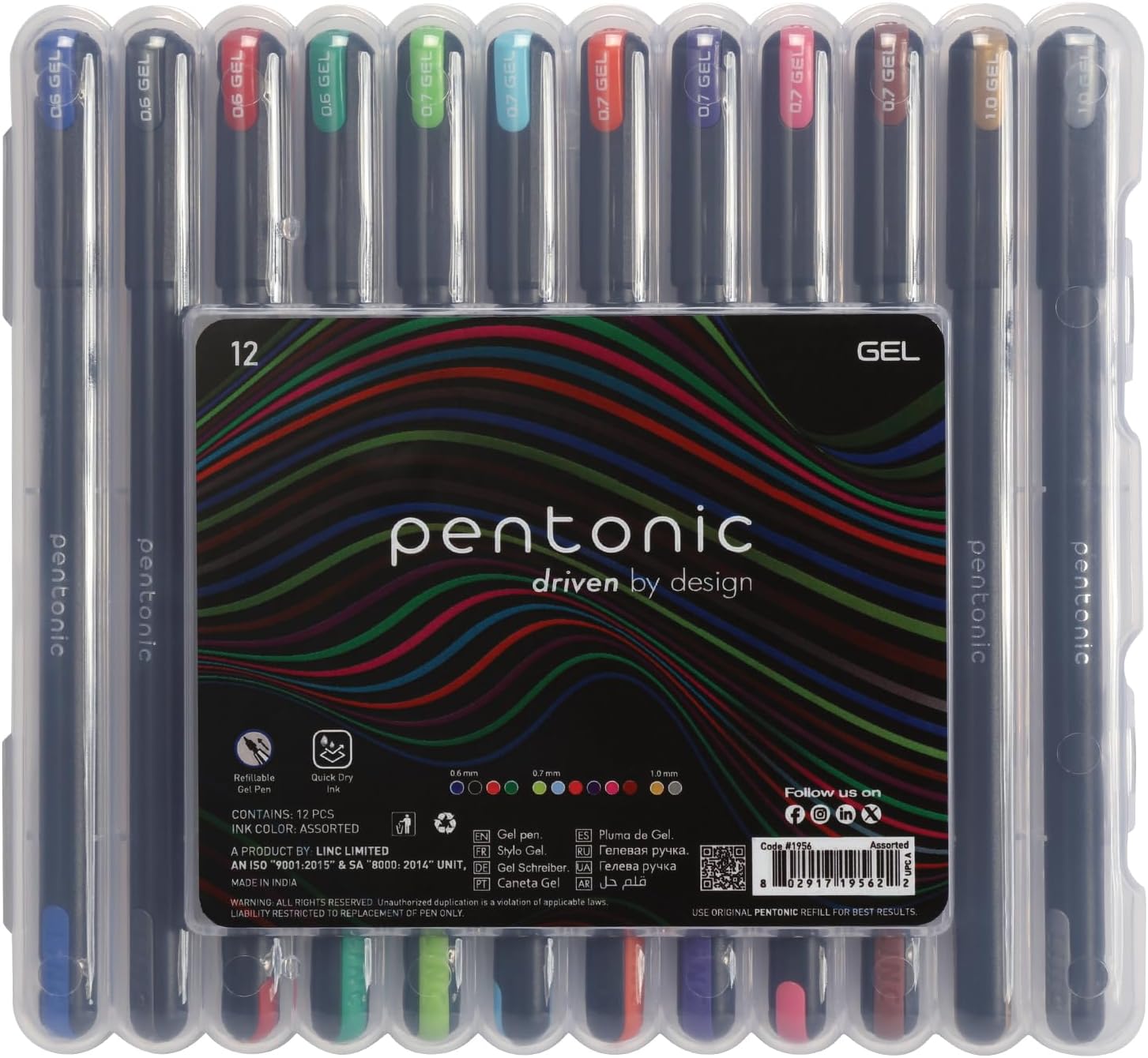 Pentonic Gel Pens In Pen Organizer Case, 12 Count, Assorted Colored Ink, 0.6 mm, 0.7 mm, 1.0 mm, Smooth Writing (PEN12185)