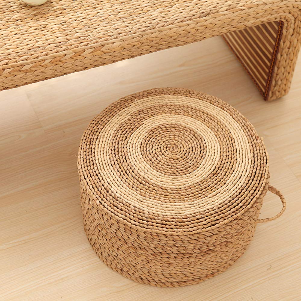 Pouf Rotondo in Paglia di Rattan Lavorato a Mano, Sgabello Intrecciato al 100% Fatto a Mano