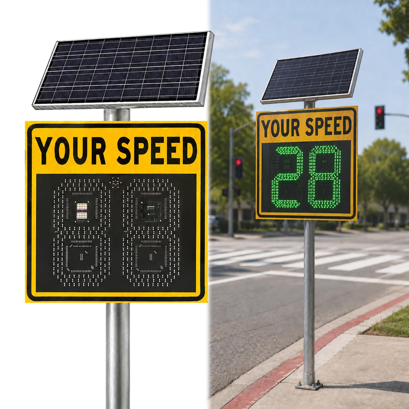 XEEAOFE 24"x24"(24"x27") Solar Powered Radar Speed Display, Traffic Feedback Warning Board Speed Display, Weatherproof for Traffic Calming, Roads & Logistics Warehouses 2 Digit