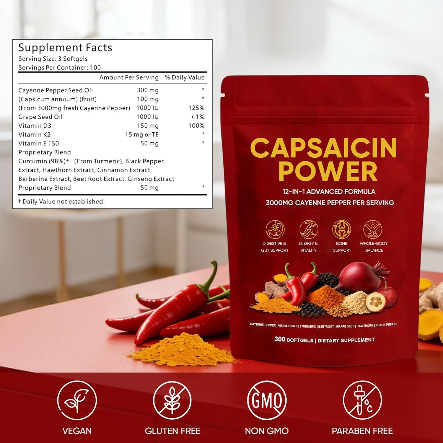 Capsaicin Power - Cayenne Pepper Capsules Supplement, Supports Leg Vein, Circulation & Daily Energy, with Vitamin D3+K2, Beetroot, Grape Seed and Other Extracts, 300 Capsules (1) — Amazon image 6