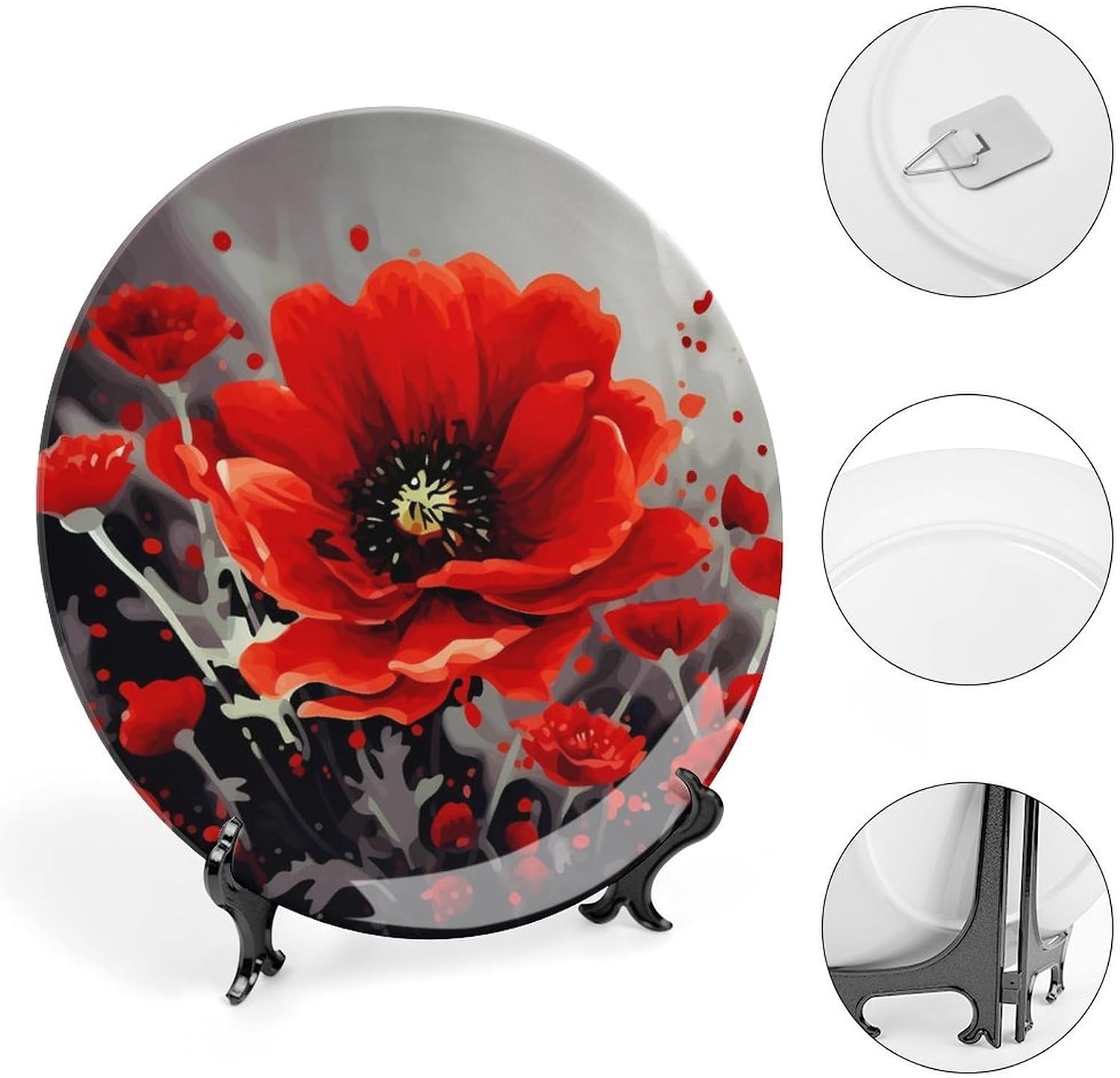 Dancing Red Flower Ceramic Decorative Plate for Home, Bone China Plates | Chinese Style Decorative Dish with Stand, Dinner Plates Art Crafts for Wall Decor, Collections Plate with Hook 7inch