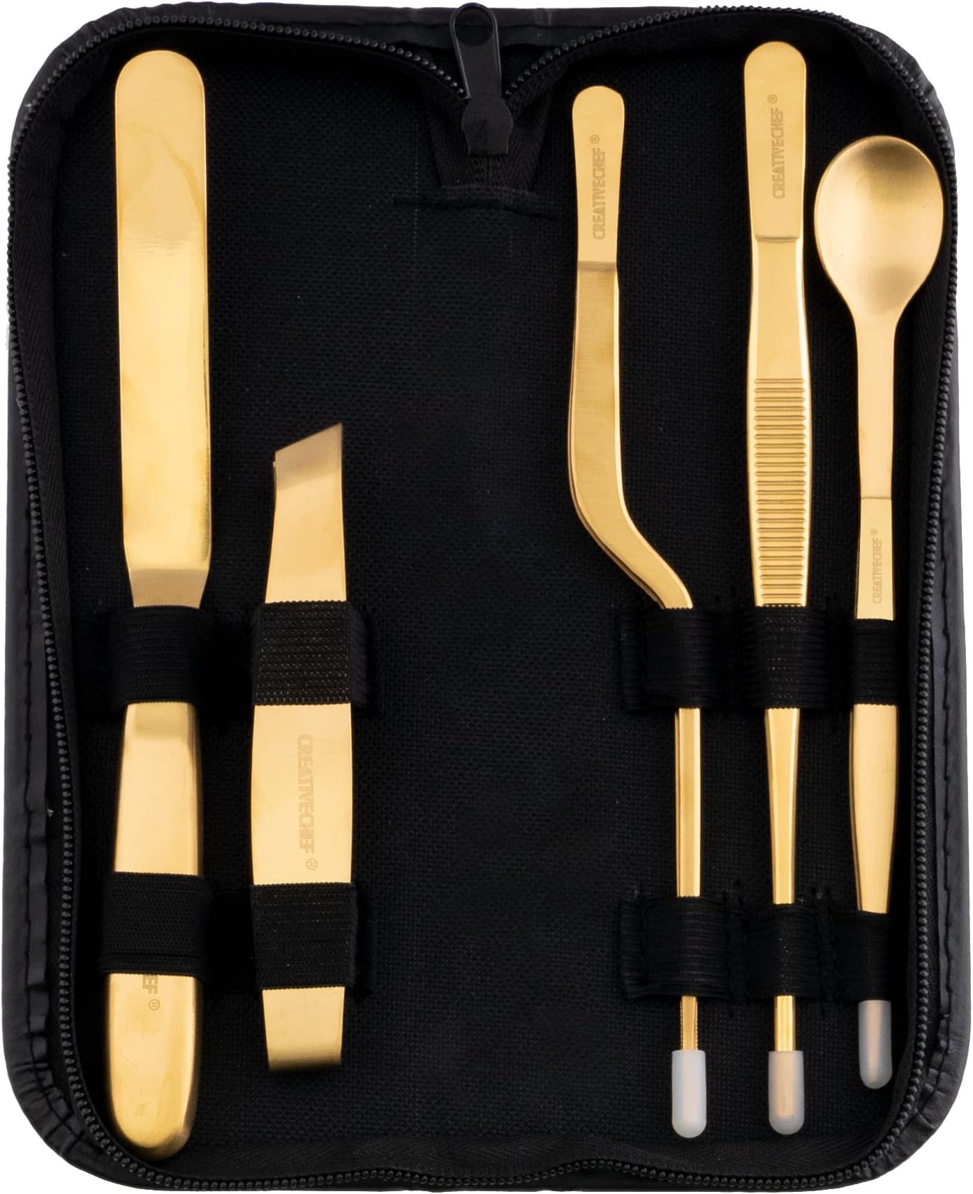 5 PCS Plating Tools Culinary Set Contains kitchen tweezers spatula Sauce plating spoon（Golden）