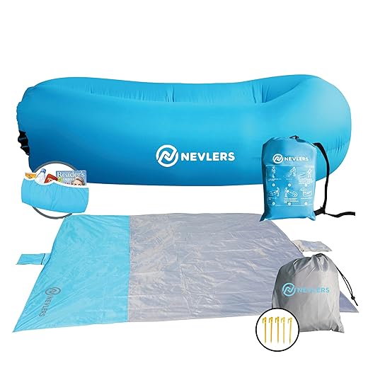 Nevlers Inflatable Lounger & Gray Blue Beach Blanket Sandproof | Lounge Chair Outdoor w/Waterproof Blanket Outdoor | Inflatable Couch for Camping | Inflatable Chairs & Camp Picnic Blanket