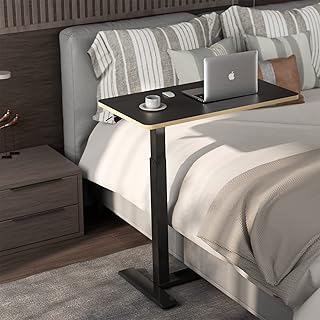 SANODESK Medical Adjustable Overbed Bedside Table with Hidden Casters, Pneumatic Mobile Laptop Computer Standing Desk Cart with Tray, Hospital and Home Use(31.5" W x 17.7" D, Black)