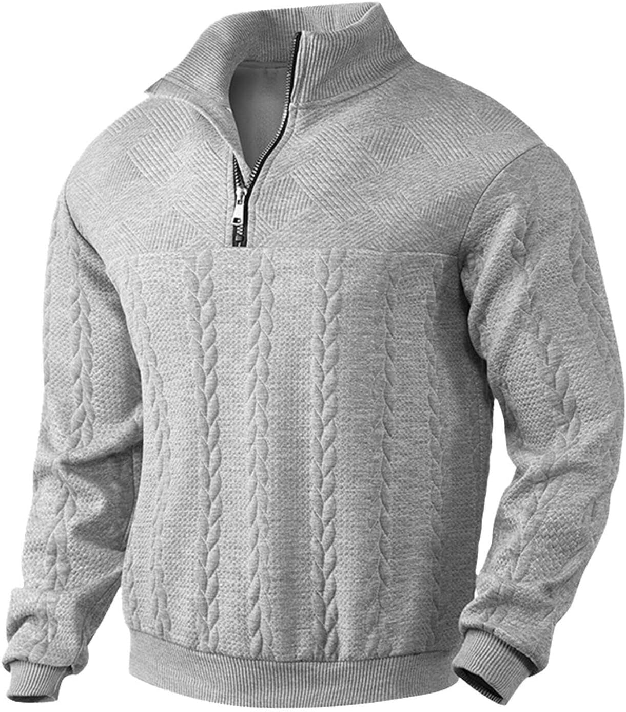 Mens Quilted Quarter Zip Sweater Stand Collar Long Sleeve Polo Shirts Loose Casual Mock Neck Pullover Sweatshirt