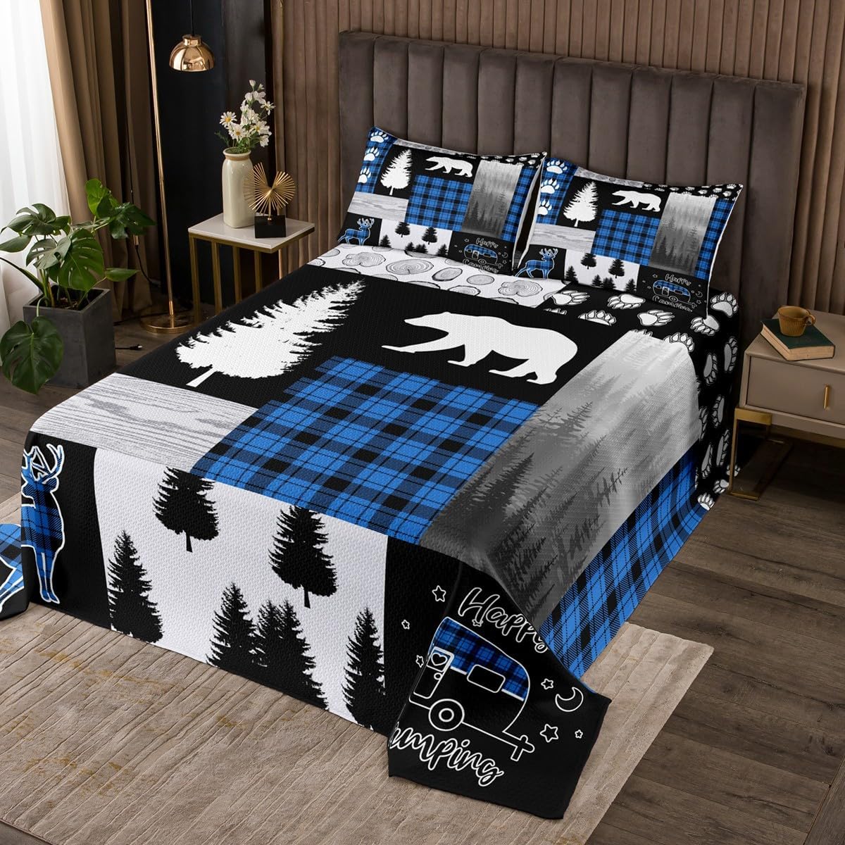 Hunting Bear Bedspread Set Twin Size,Woodland Animal Rustic Cabin Quilt Set for Boys Girls Kids,Buffalo Plaid Patchwork Coverlet Set RV Camping Decor,Jungle Pine Tree Footprint Quilted Grey Black