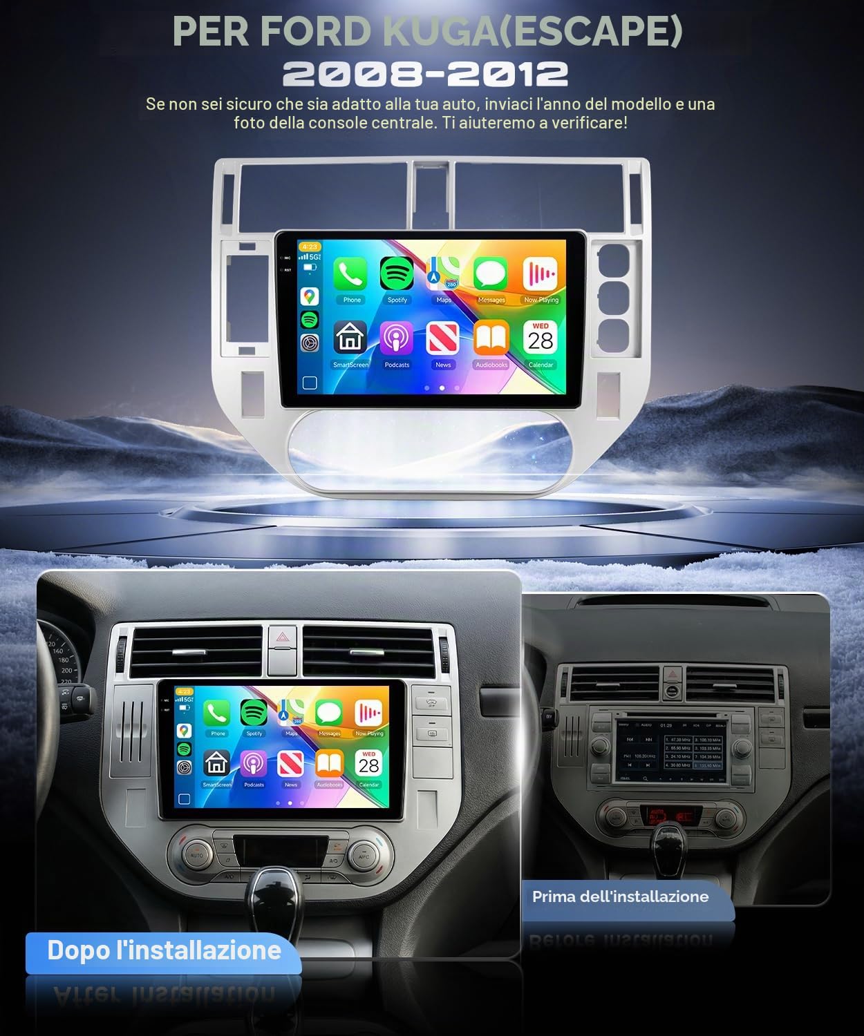 VECHTEL 4G+128G Autoradio Android 15 per Ford Kuga Escape 2008-2012, 9'' In-Cell HD Schermo Tactile co Carplay Android Auto senza Fili, Stereo Auto co GPS Wi-Fi USB Bluetooth Radio FM RDS Retrocamera