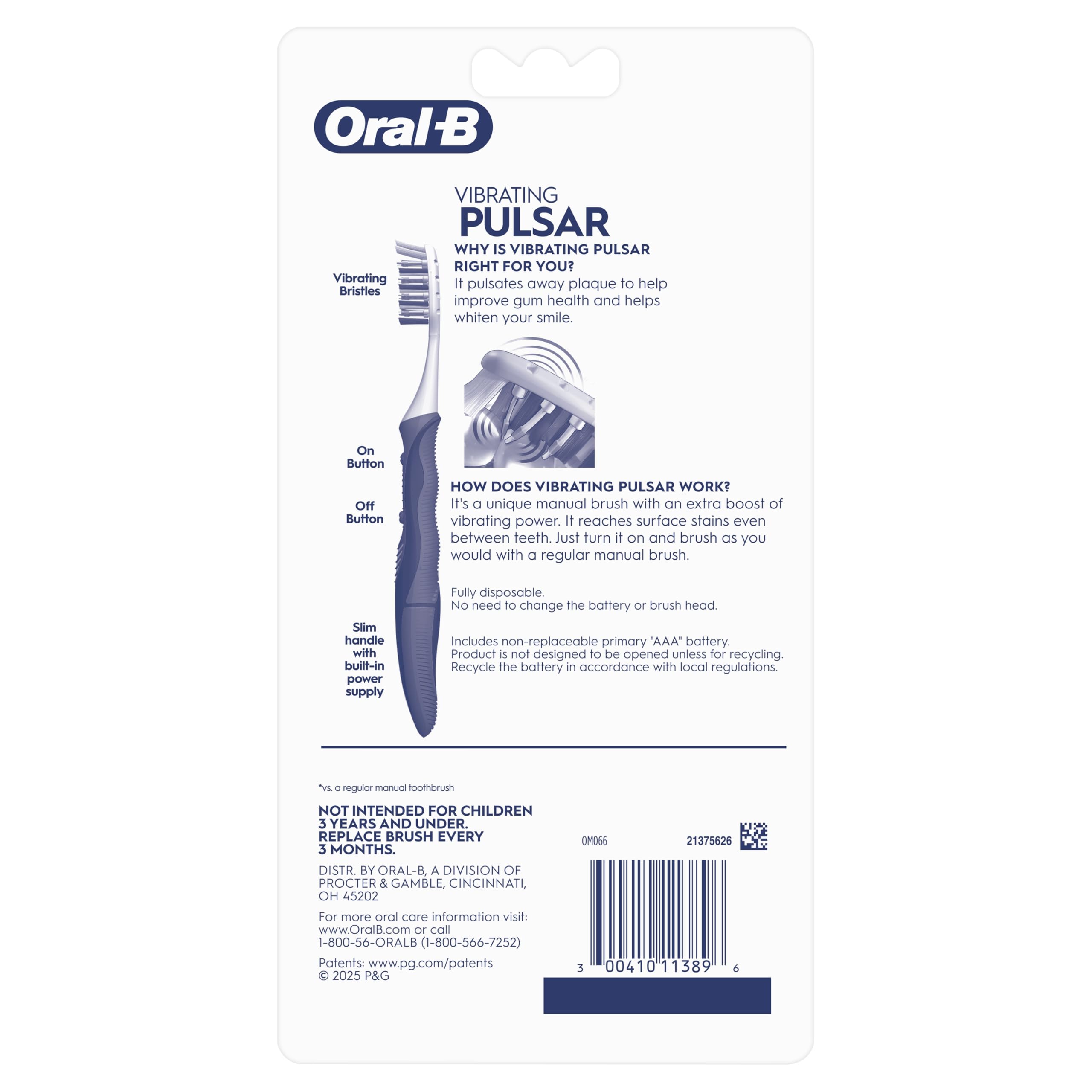 Oral-B Spazzolino da denti vibrante per rimuovere la placca, spazzolino vibrante, morbido, confezione da 4
