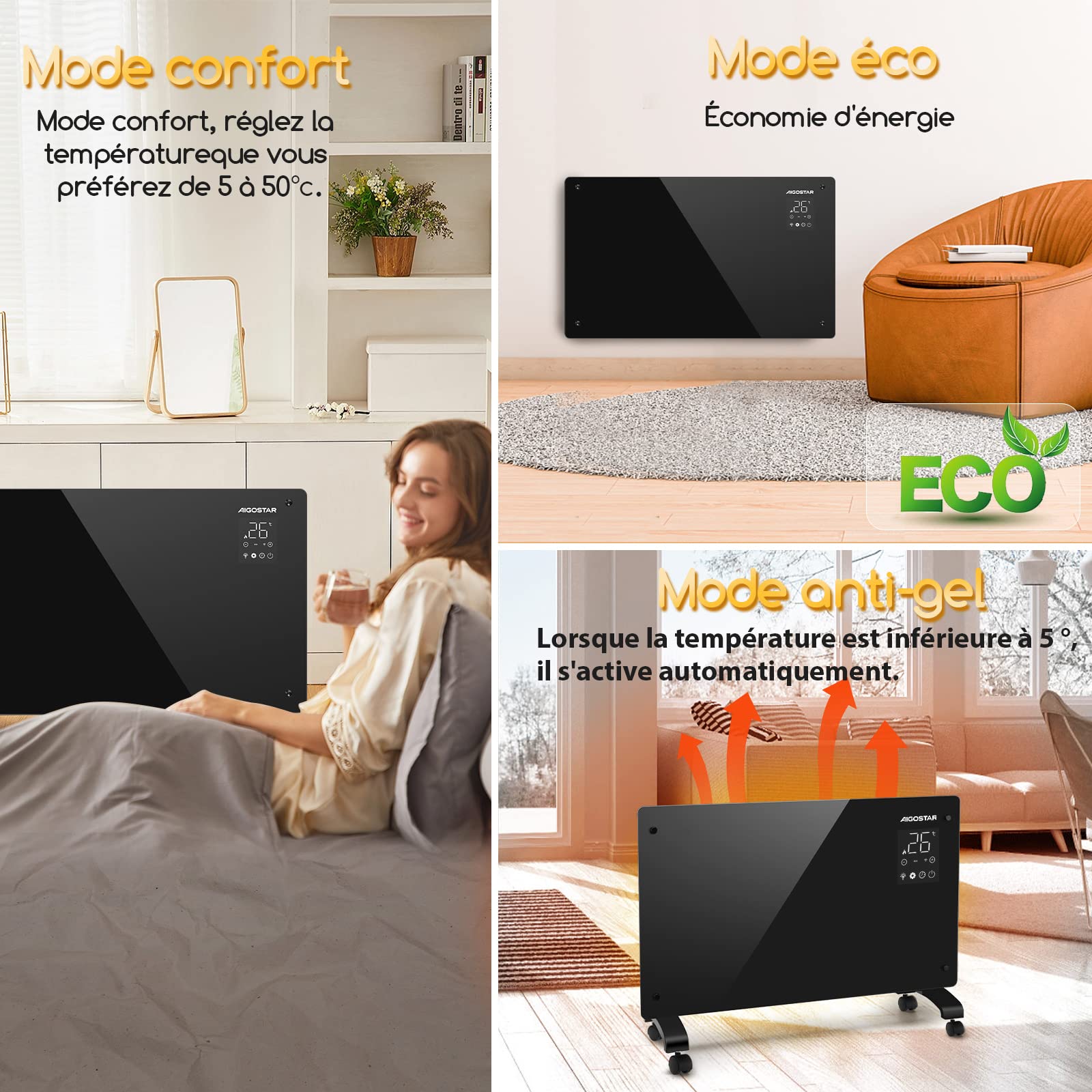 Aigostar Helen Smart - Radiateur Electrique, 2000W, Convecteur Électrique à Panneau de Verre Ultra Fin, Connexion Wi-Fi, Alexa, Minuterie 24h, 3 Modes, Écran Tactile Led. Programmable.