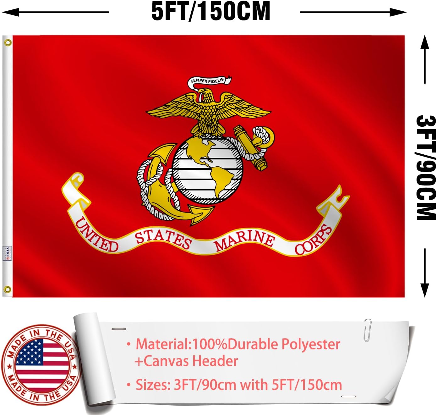 US Marine Corps Flag 3x5 FT Lightweight - Marine Flag Made in USA - Vivid Color US USMC Flags with 2 Brass Grommets - Image 6