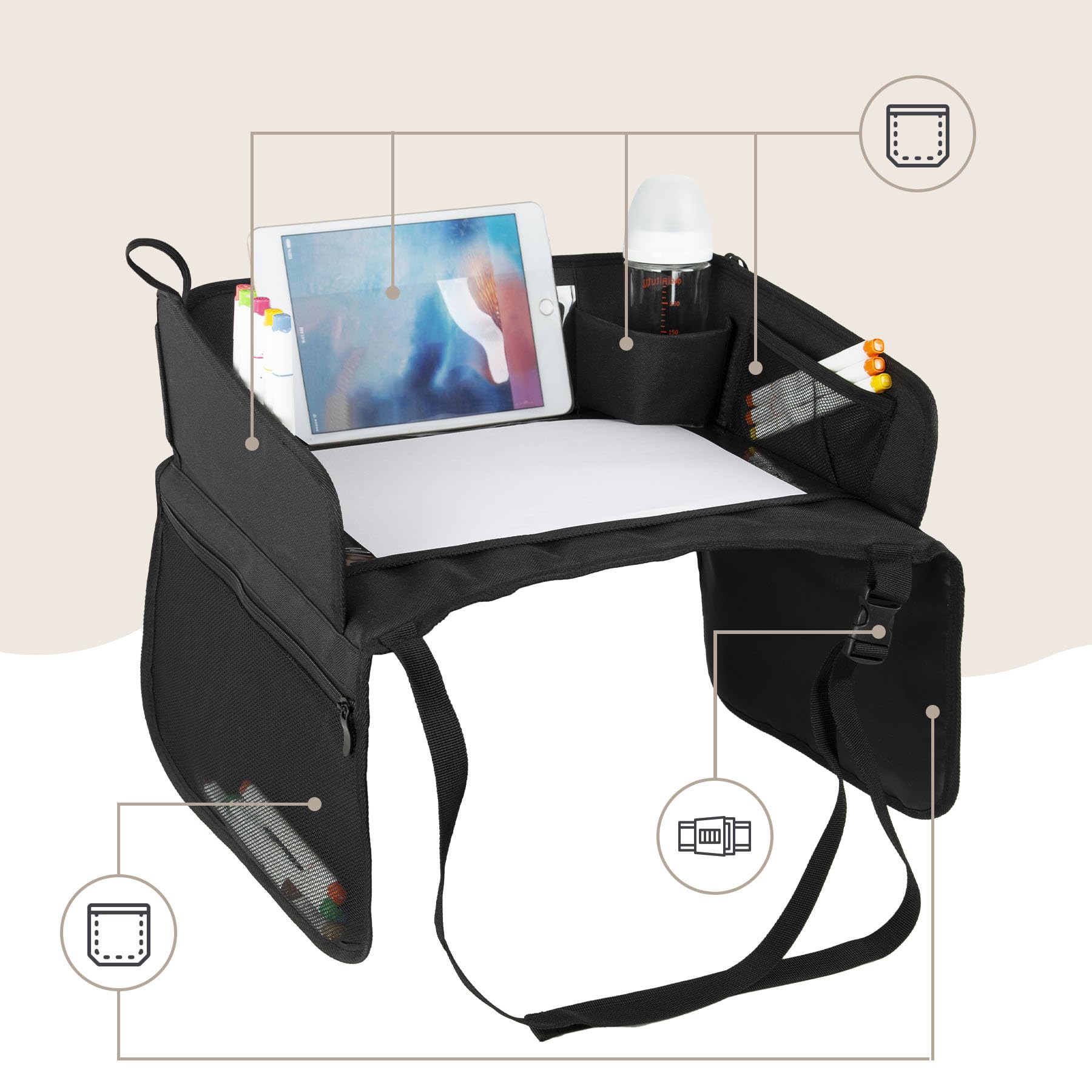 SIPO Reise-Tablett für Kindersitze – Klapptablett mit Trockenlöschfläche, Tablet-Halter (bis 11″), Getränkehalter & Taschen – faltbar, leicht, universell – Schwarz