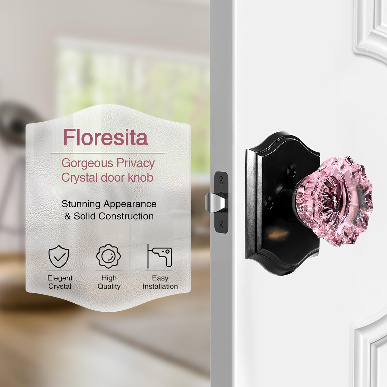 Crystal Door Knobs, Pink Black Glass Door Knobs Interior Rose Shape with Lock Privacy Function, Vintage Antique for Bedroom Bathroom