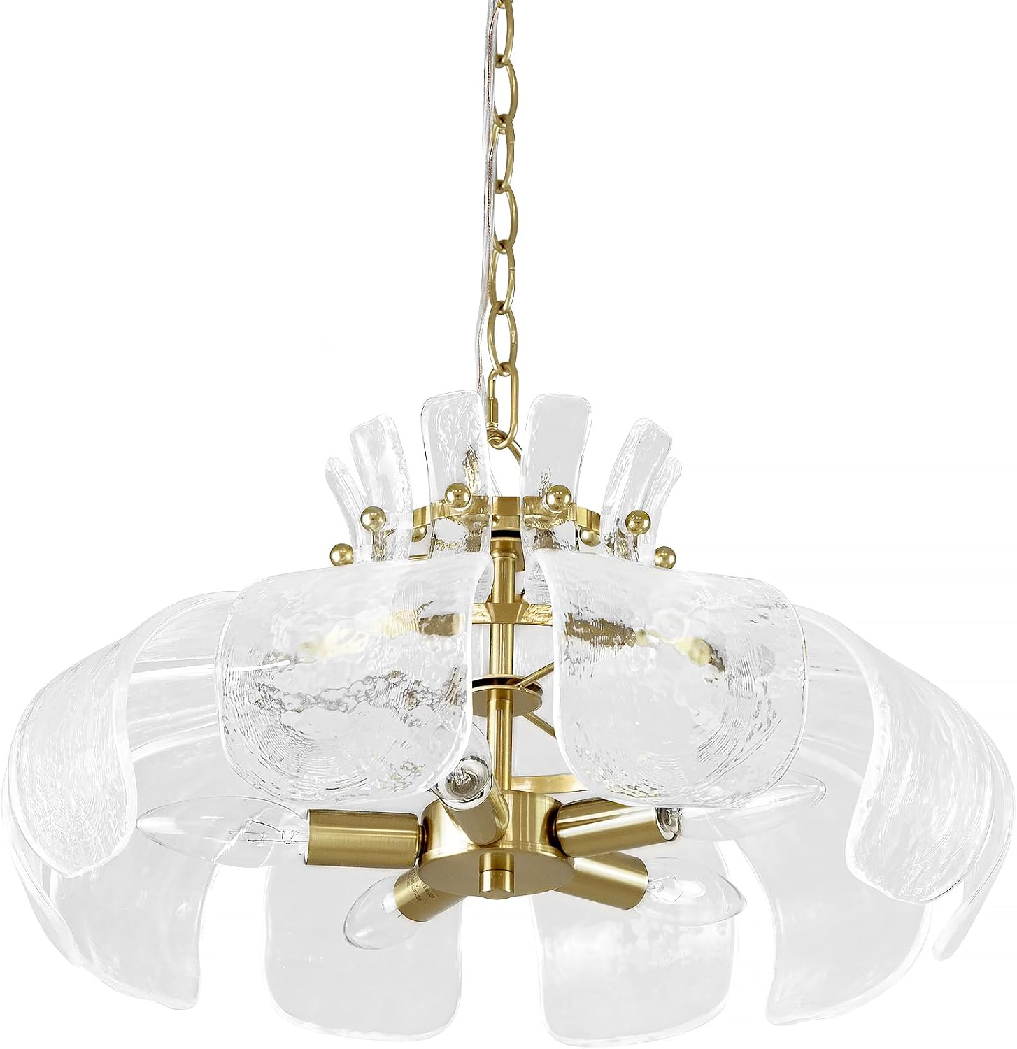 Modern Hammered Glass Chandelier, 18" Luxury Hand-Blown Glass Pendant Brass Gold Hanging Lighting Fixture for Kitchen Island Dining Living Room Entryway, E12 Base (Gold & Clear Hammered Glass)