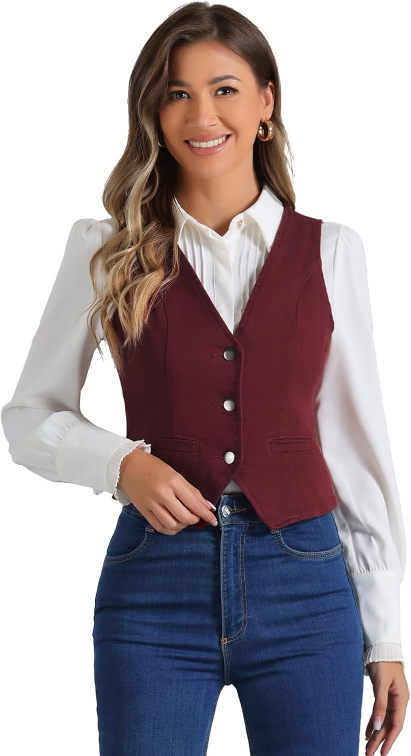 Allegra K Women's Denim Vest Waistcoat Button V Neck Western Casual Jean Sleeveless Crop Jacket