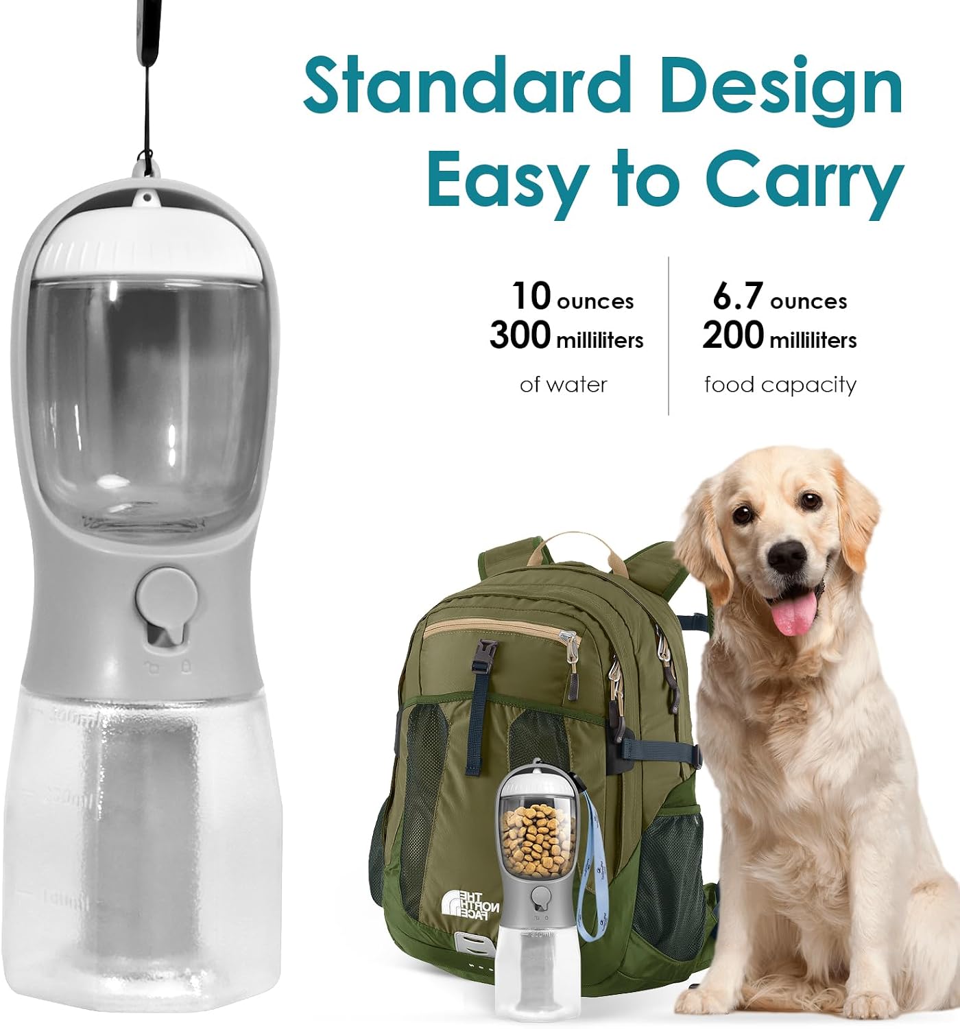 Dog Water Bottle with Food Container & Poop Bag Holder, Travel Water Bowl, Portable Pet Dispenser, Dog Stuff Accessories Items, Essentials for Traveling with a Puppy(Grey)