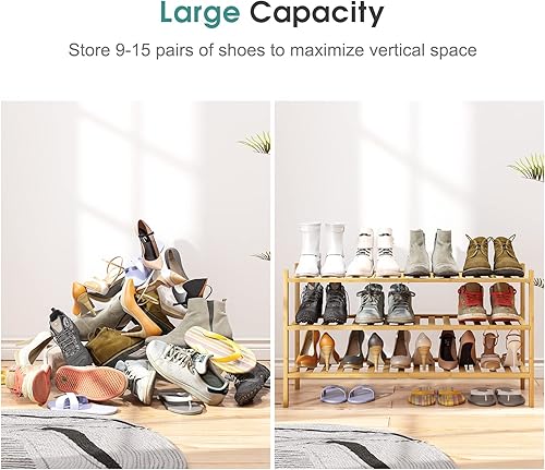 Vista 145 de Zapatero de bambú de 5 niveles para entrada, apilable plegable Natural, organizador de zapatos para armario de pasillo, zapateros de pie