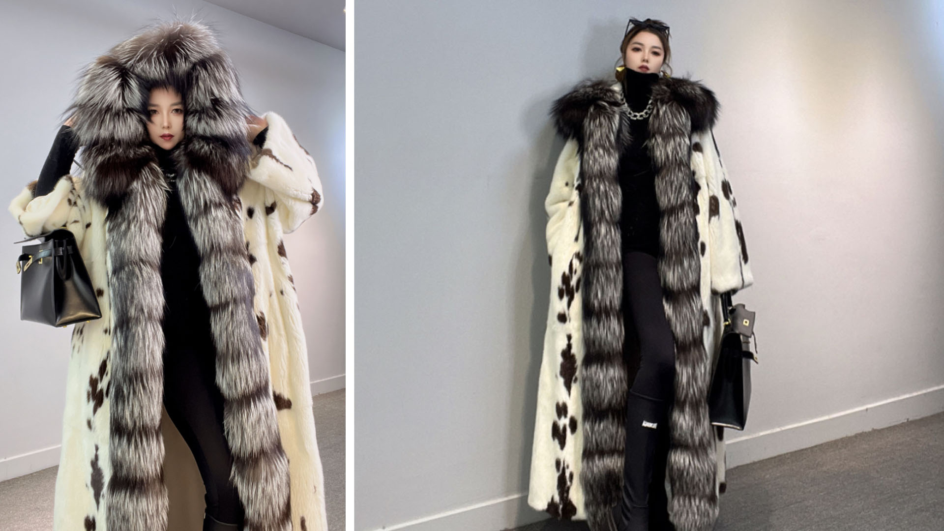 Denny&Dora Women's Mink Fur Coat Long-Style with Fox Fur Hood (US