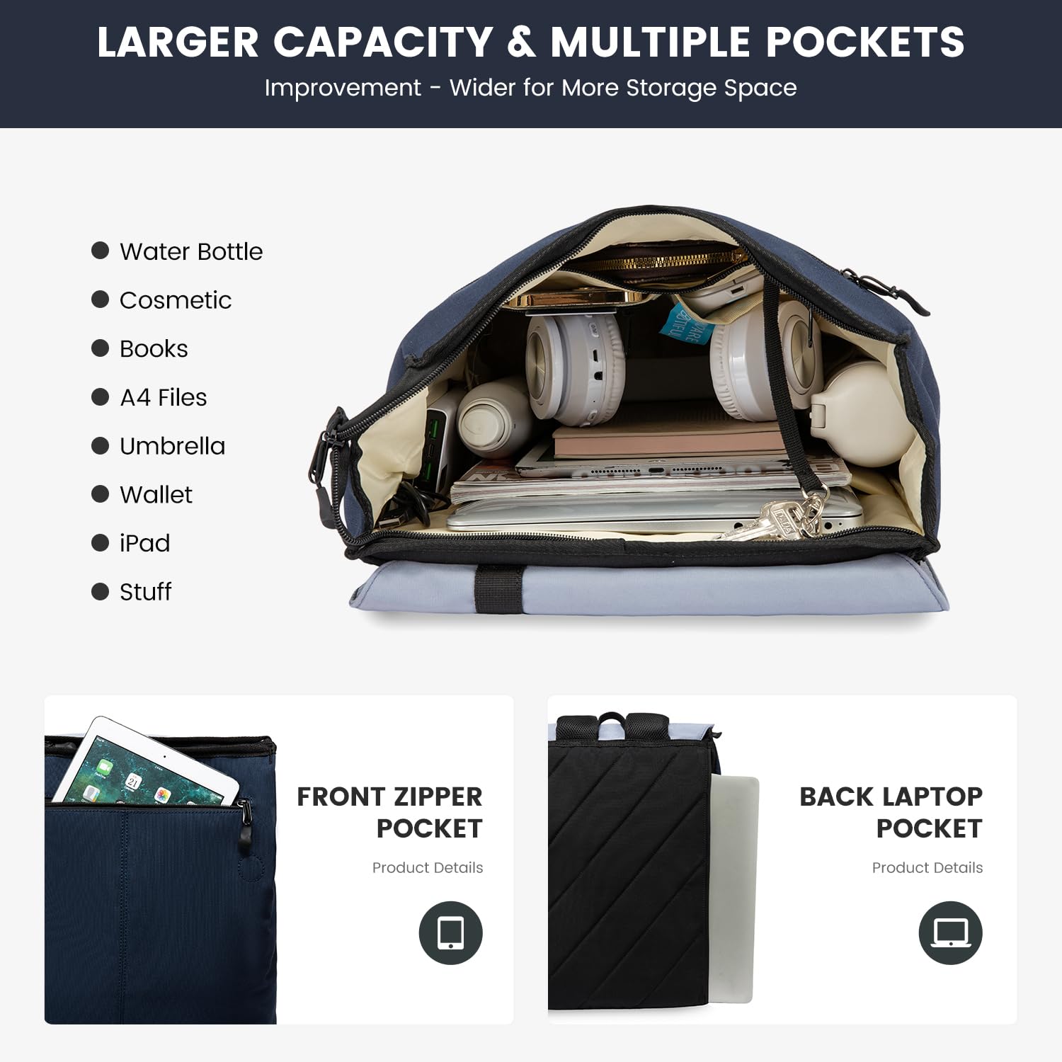 LOVEVOOK Zaino Porta PC Donna 15.6 Pollici, Grande da Viaggio e Lavoro, Impermeabile per Scuola e Università, Computer Laptop Backpack Waterproof, Antifurto Elegante Blu