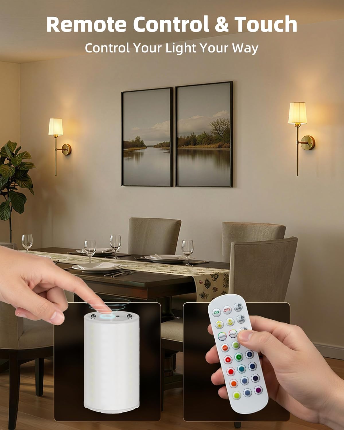 EZVALO Battery Operated Wall Sconces Set of 2, 7500mAh, RGB, Rechargeable Wall Lights with Remote, Dimmable, Magnetic Bulbs, No-Wiring Installation, Wireless Wall Lamps for Bedroom, Living Room