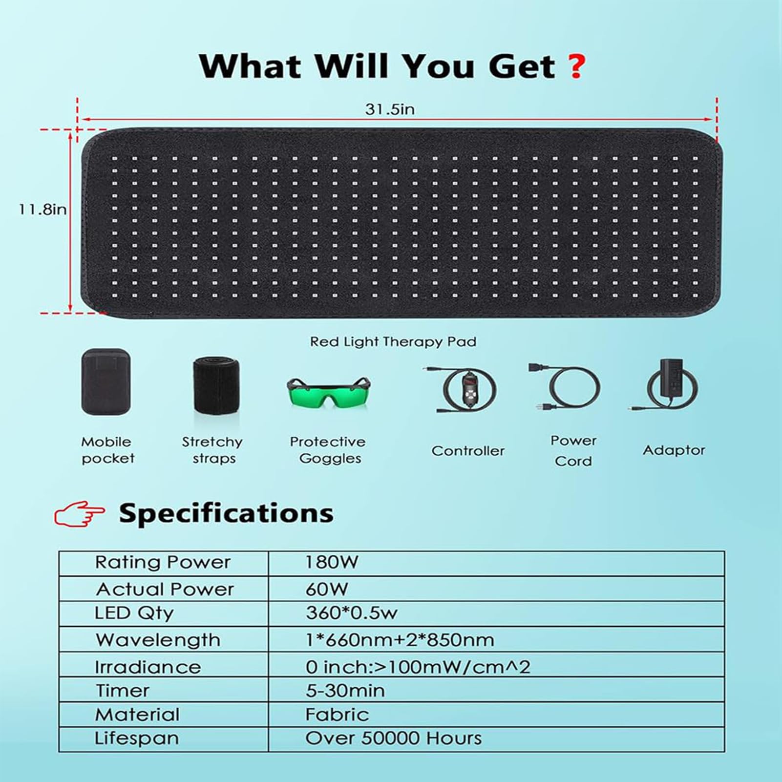 Podkładka do terapii światłem czerwonym, mata LED 180 W o długości fali 660 nm i 850 nm dla ulgi w bólu w talii, plecach i ramionach