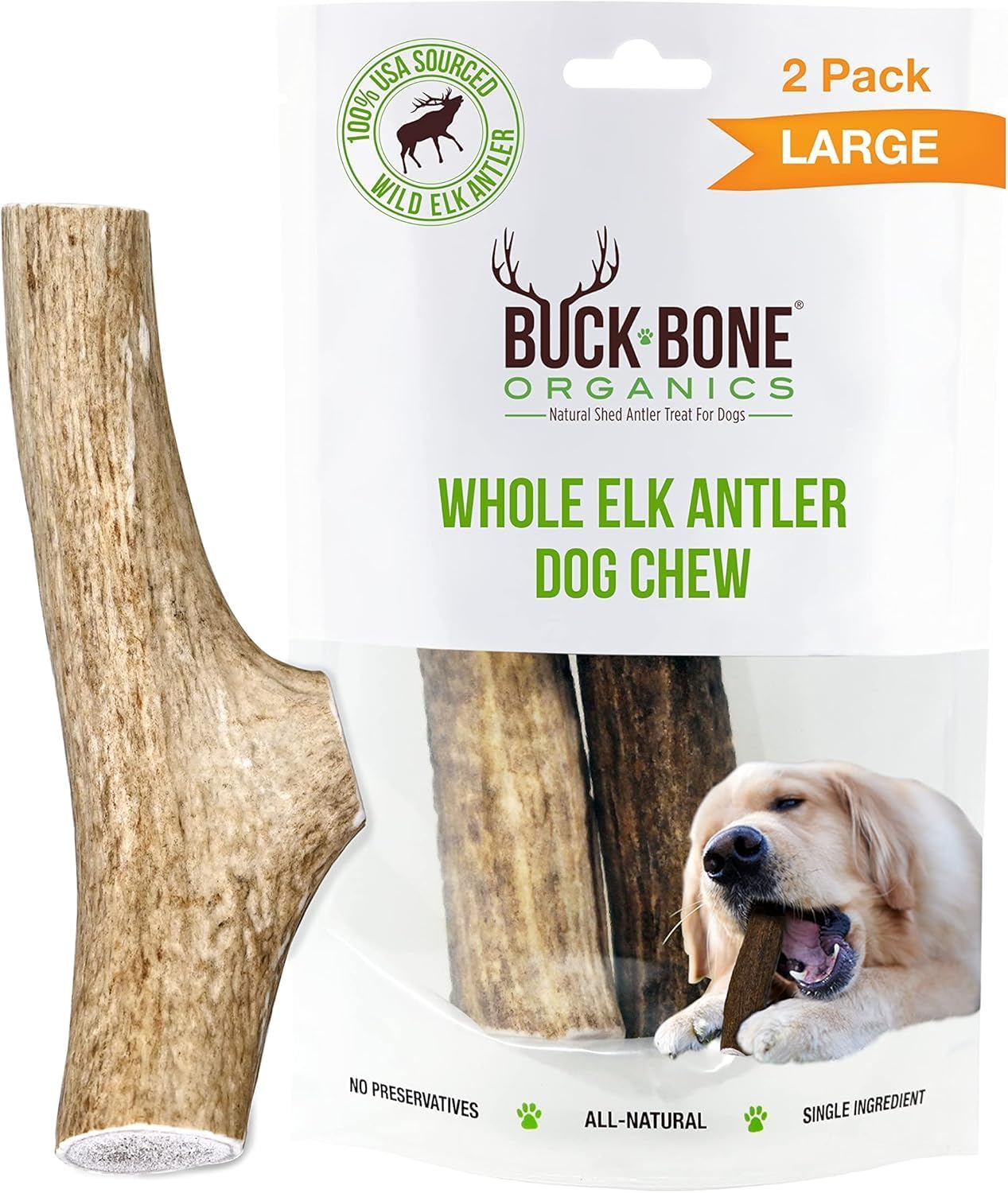 Buck Bone Organics Dog Chews, Elk Antlers for Dogs, Long Lasting Dog Bones for Aggressive Chewers, All Natural, No Preservatives, Wild Shed in the USA (Large 2 Pack)