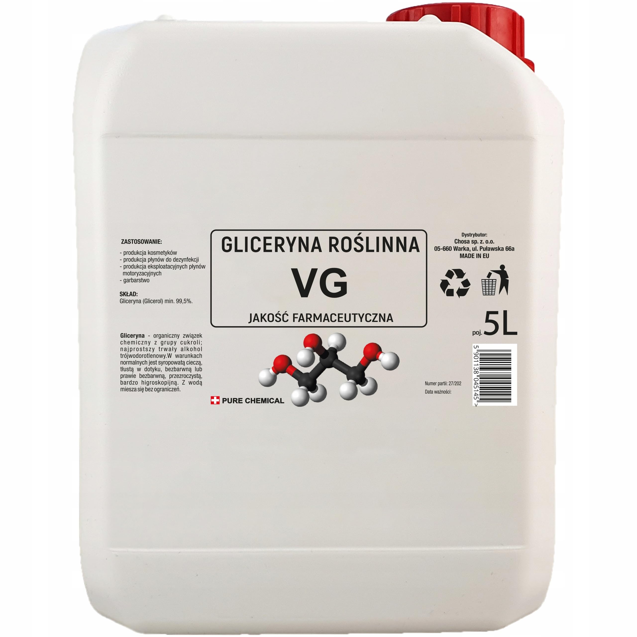 CHOSA Glicerina Vegetale 5 litri - Glicerolo E422 VG 99,​5% Puro Grado Farmaceutico per Capelli e Corpo - Perfetto per Cosmetici, Creme e Saponi - Base per Sapone Fai Da Te, 5 l
