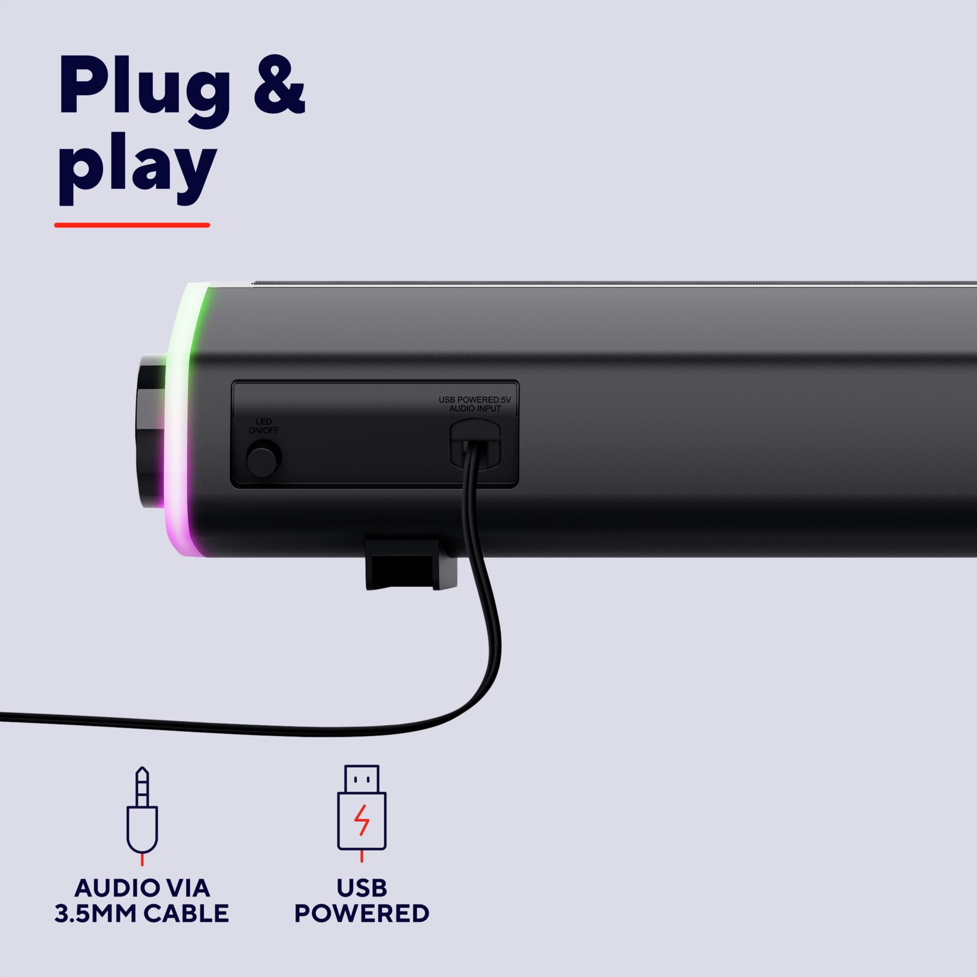 Trust Liro Soundbar do Komputera i Laptopa, Kompaktowy Głośnik Stereo LED RGB Zasilany przez USB, Moc Szczytowa 12W, Połączenie Audio Jack 3,5 mm, Podświetlane Głośniki PC, Czarny
